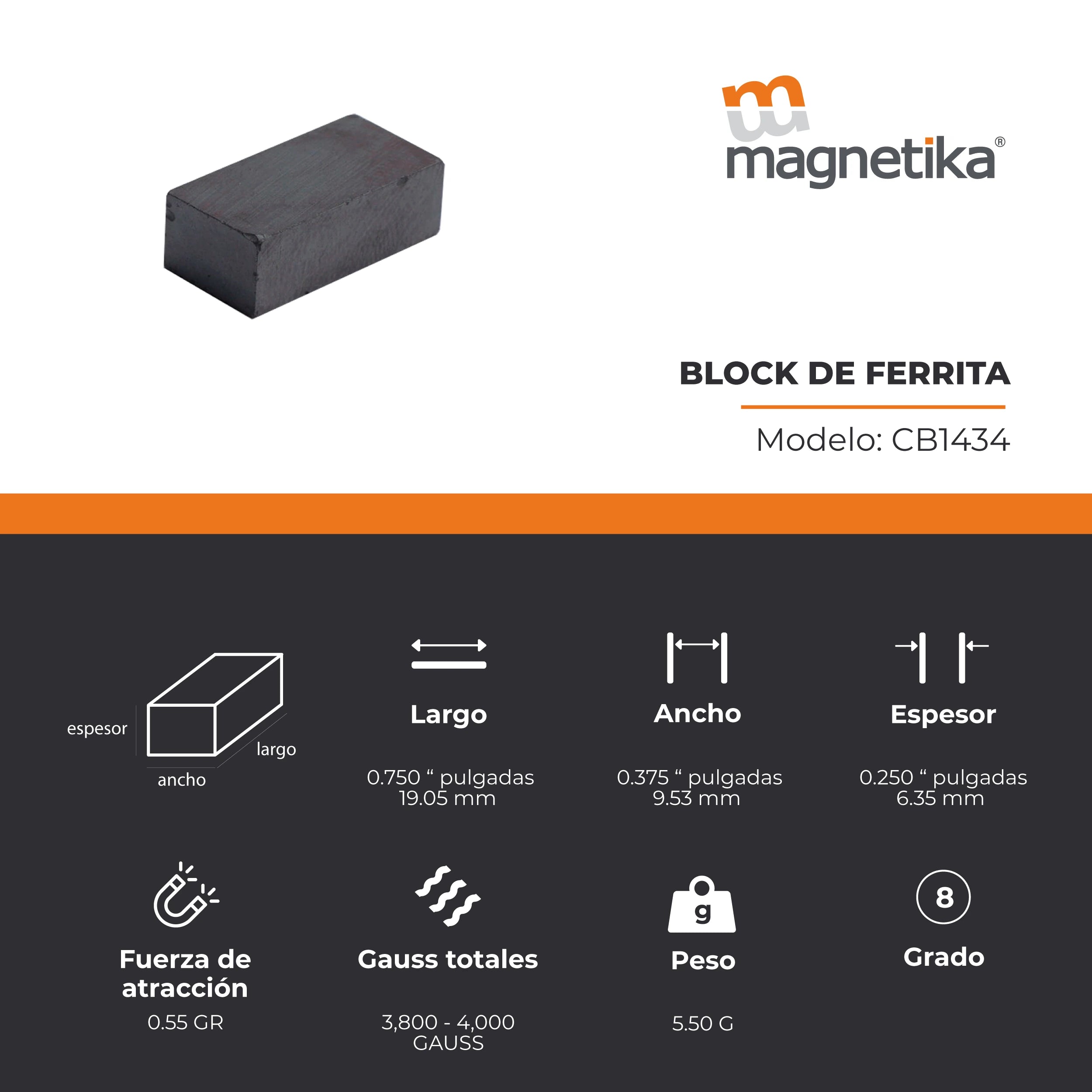 Imán de Ferrita Cerámica Block 0.75 x 0.375 x 0.25 in