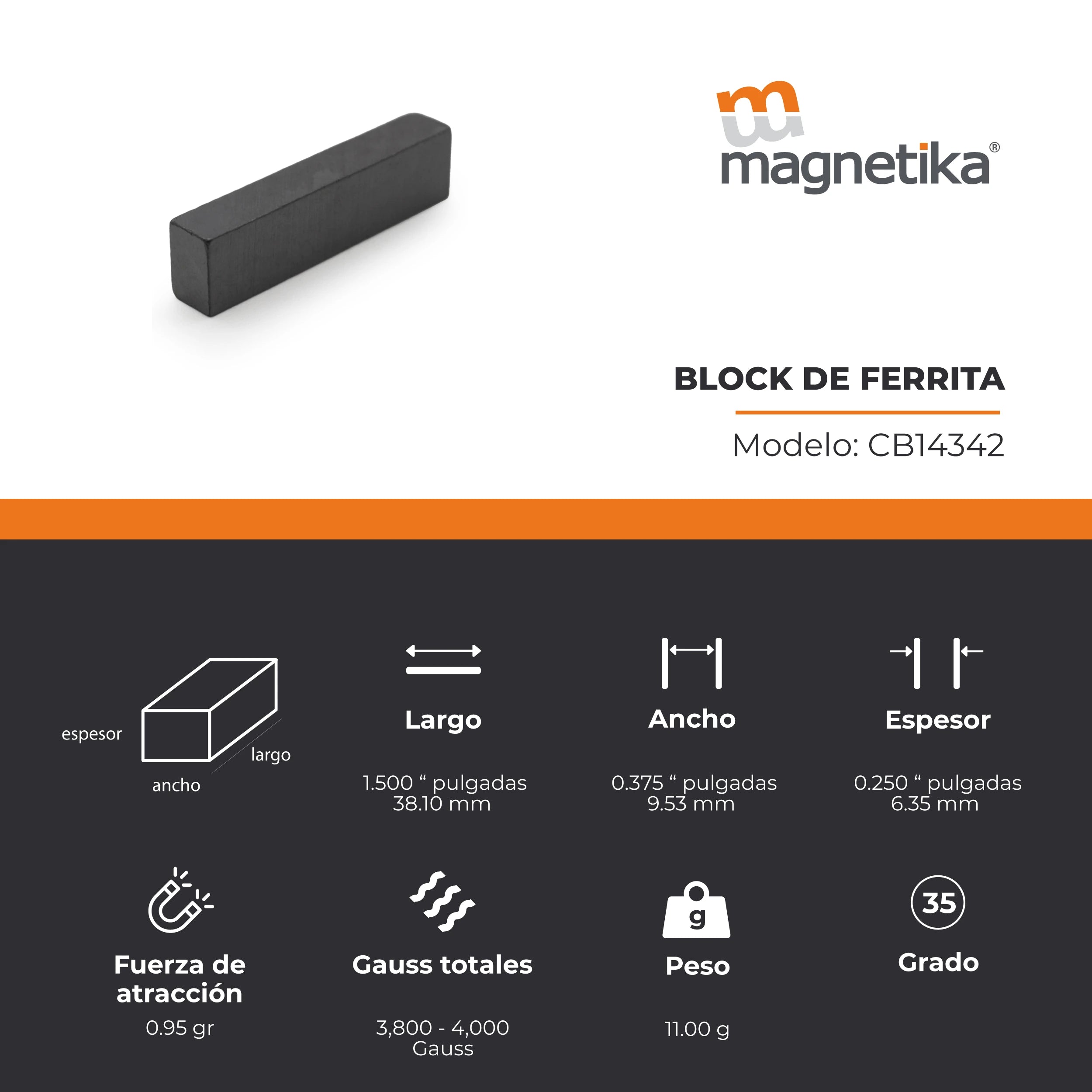 Imán de Ferrita Cerámica Block 1.5 x 0.375 x 0.25 in