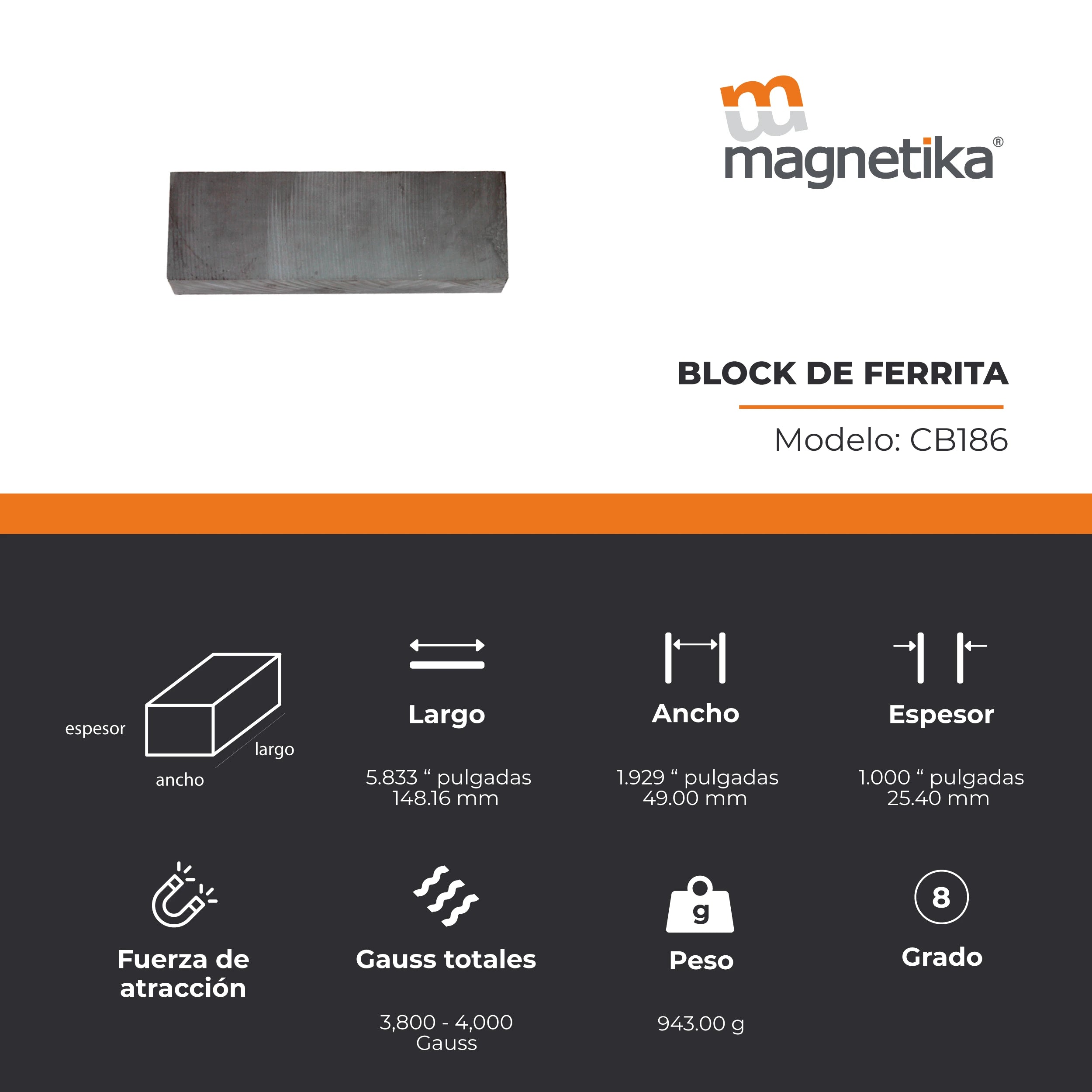 Imán de Ferrita Cerámica Block 6 x 2 x 1 in