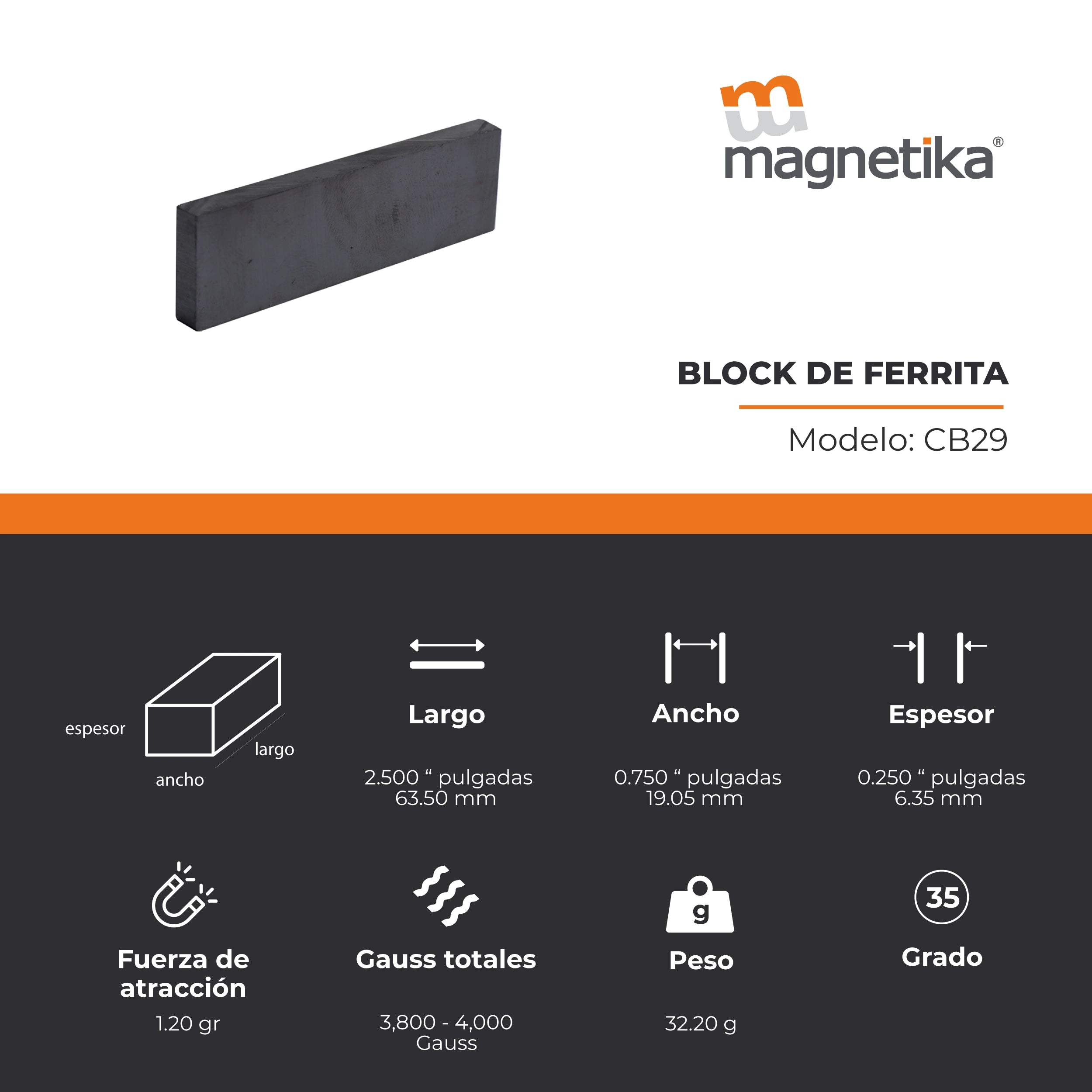 Imán de Ferrita Cerámica Block 2.5 x 0.75 x 0.25 in