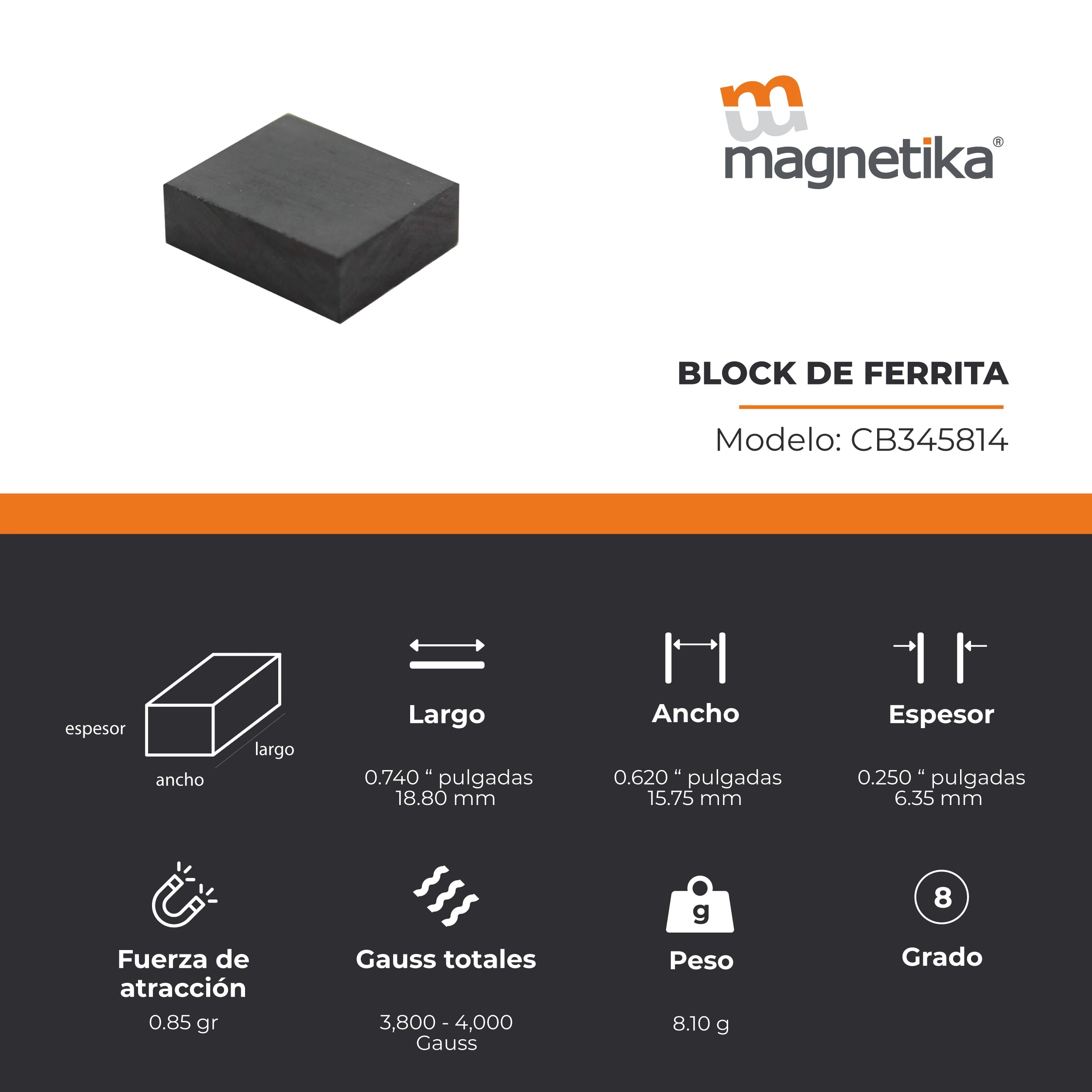 Imán de Ferrita Cerámica Block 0.75 x 0.625 x 0.25 in