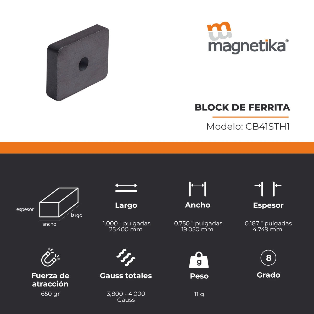 Imán de Ferrita Cerámica Block 1 x 0.75 x 0.187 in