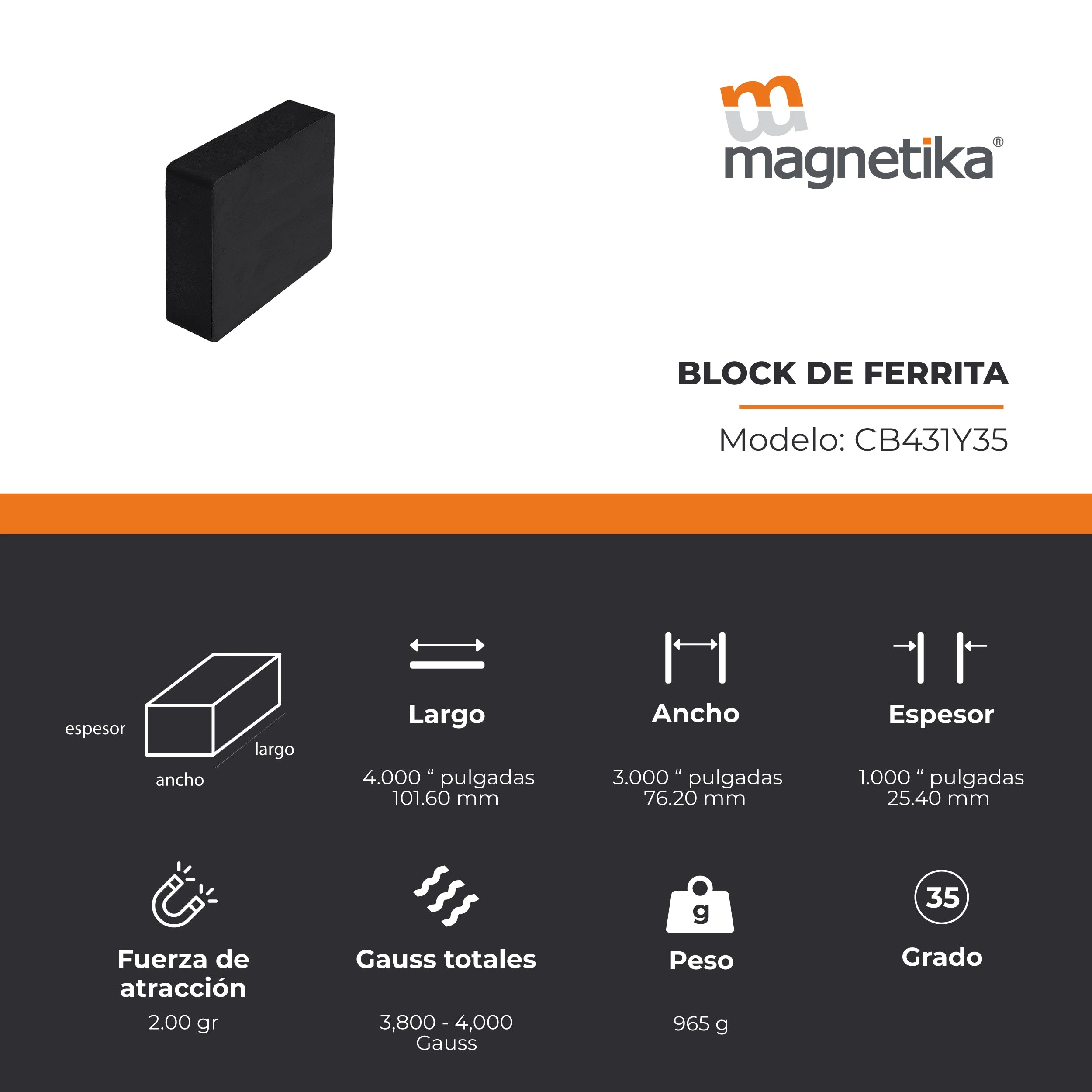 Imán de Ferrita Cerámica Block 4 x 3 x 1 in