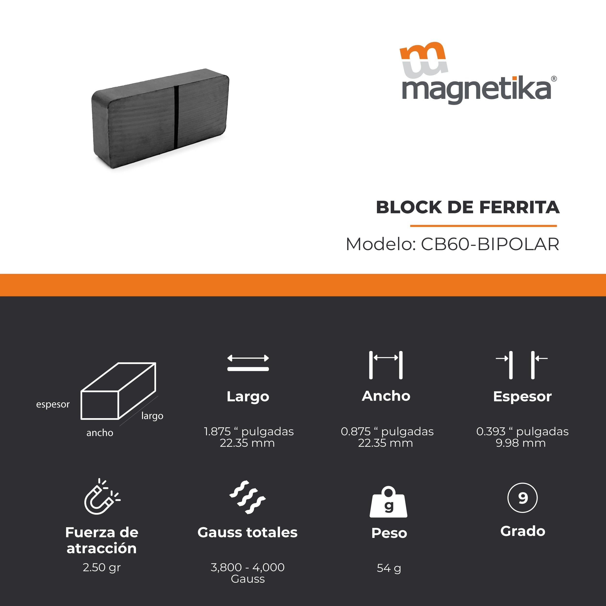 Imán de Ferrita Cerámica Block 1.875 x 0.875 x 0.393 in
