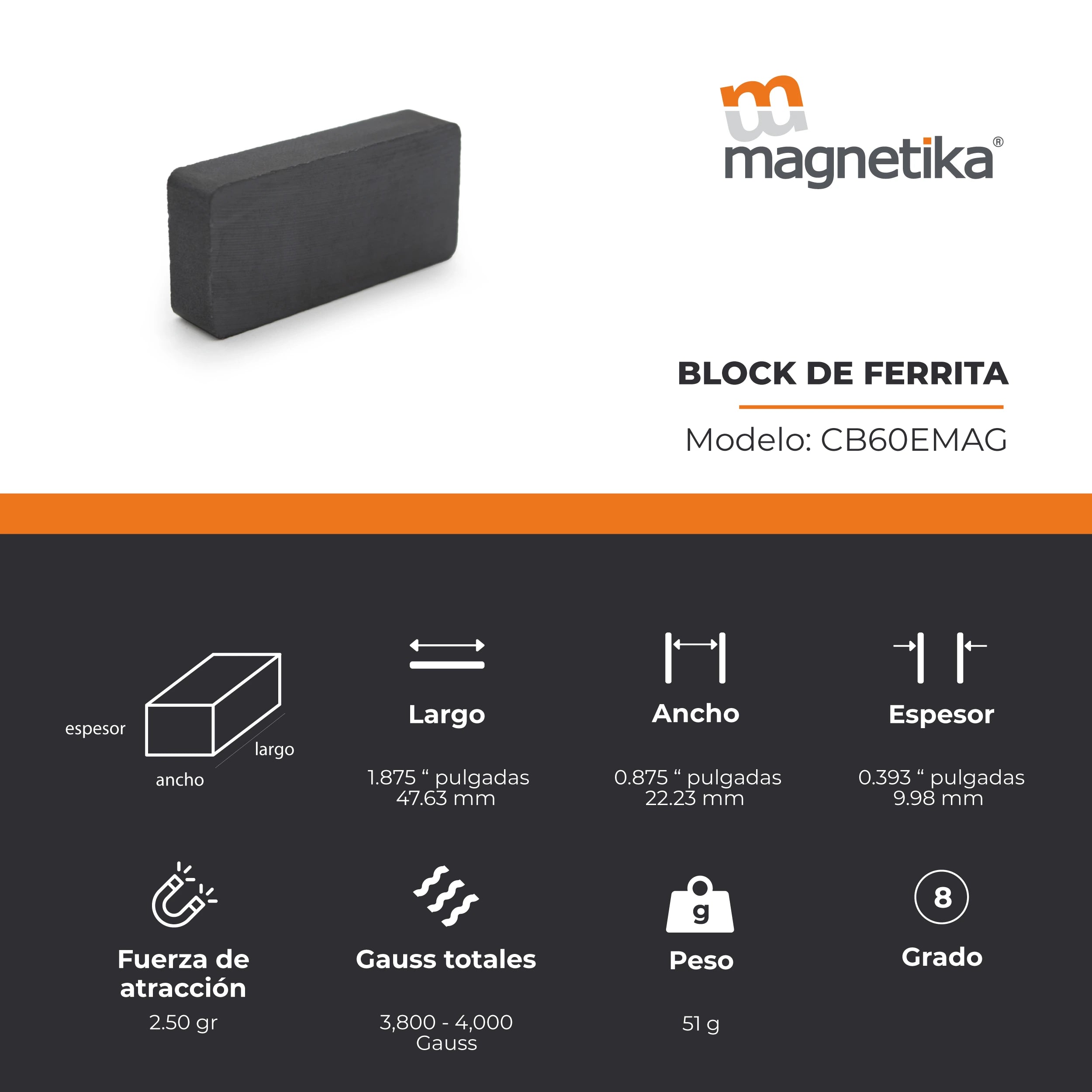 Imán de Ferrita Cerámica Block 1.875 x 0.875 x 0.393 in
