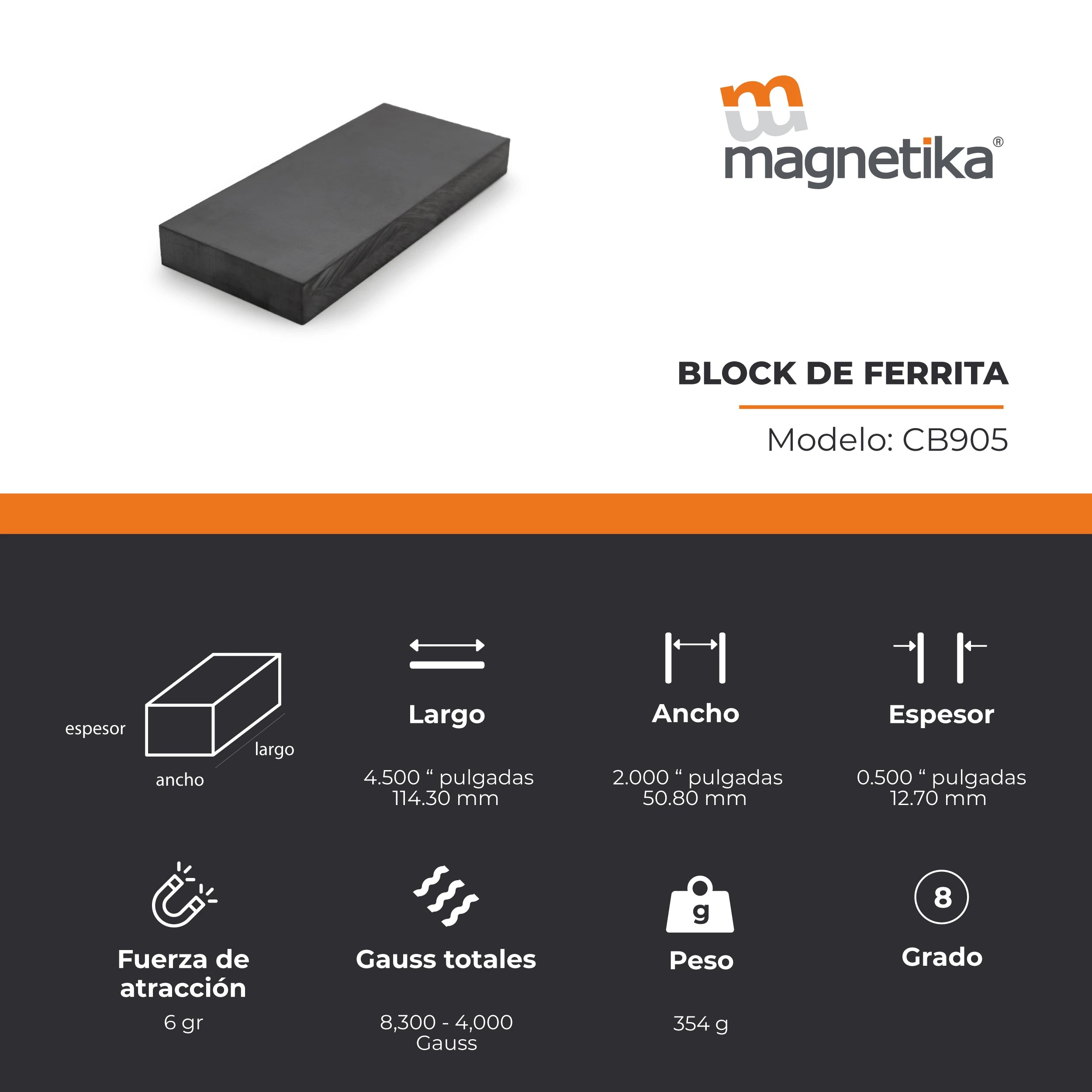 Imán de Ferrita Cerámica Block 4.5 x 2 x 0.5 in