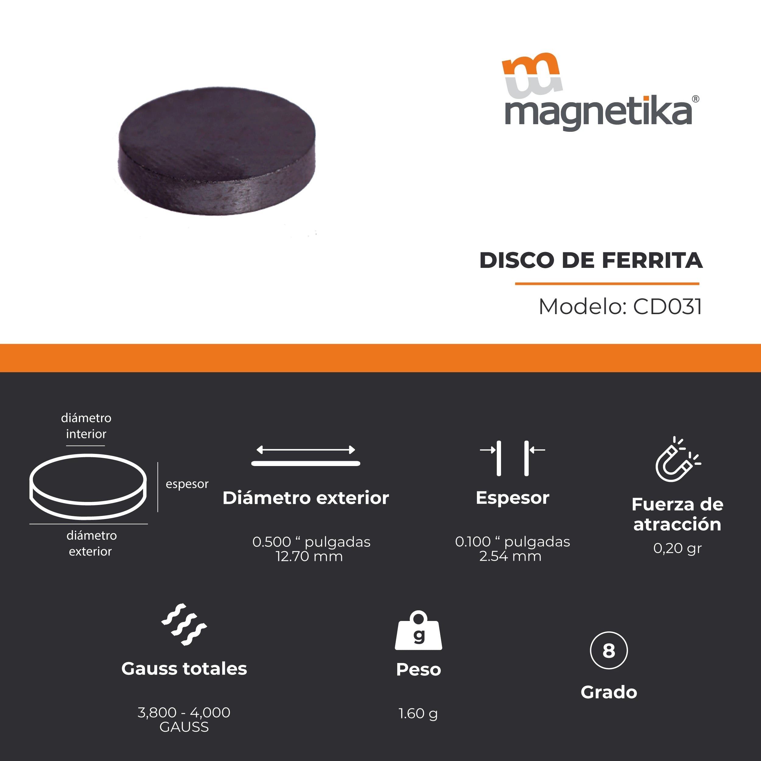 Imán de Ferrita Cerámica Disco 0.5 x 0.1 in