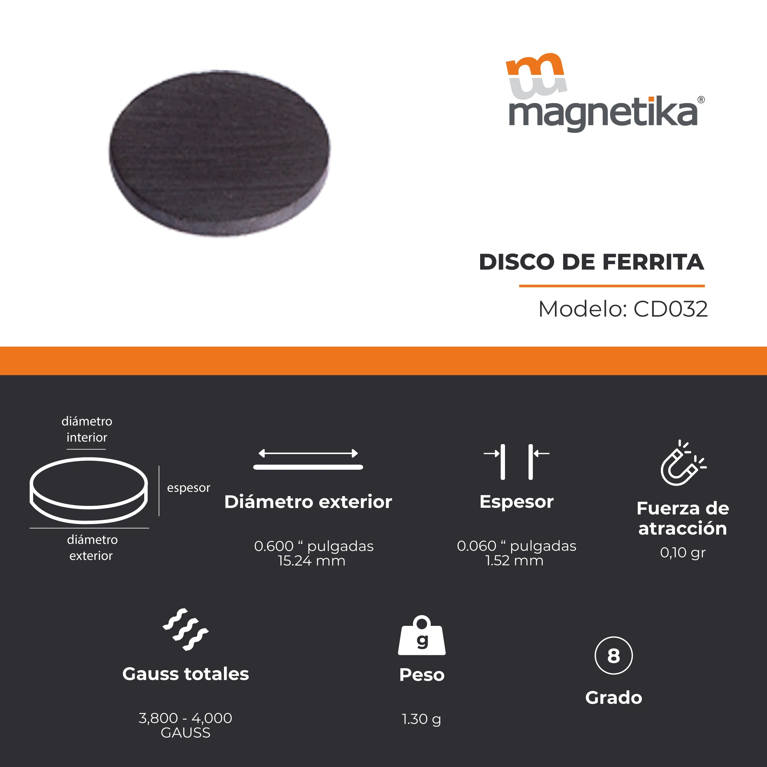 Imán de Ferrita Cerámica Disco 0.6 x 0.06 in