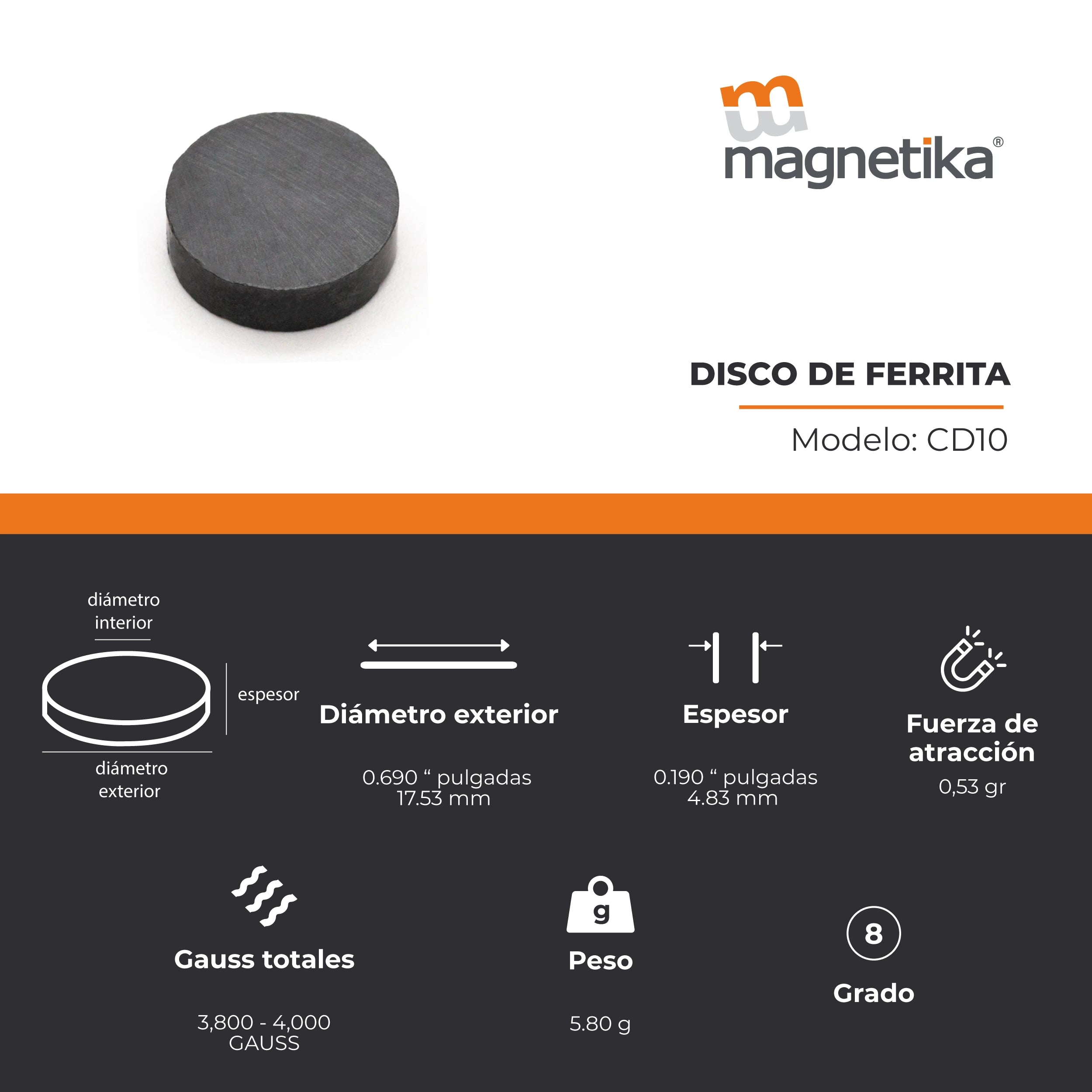 Imán de Ferrita Cerámica Disco 0.701 x 0.197 in