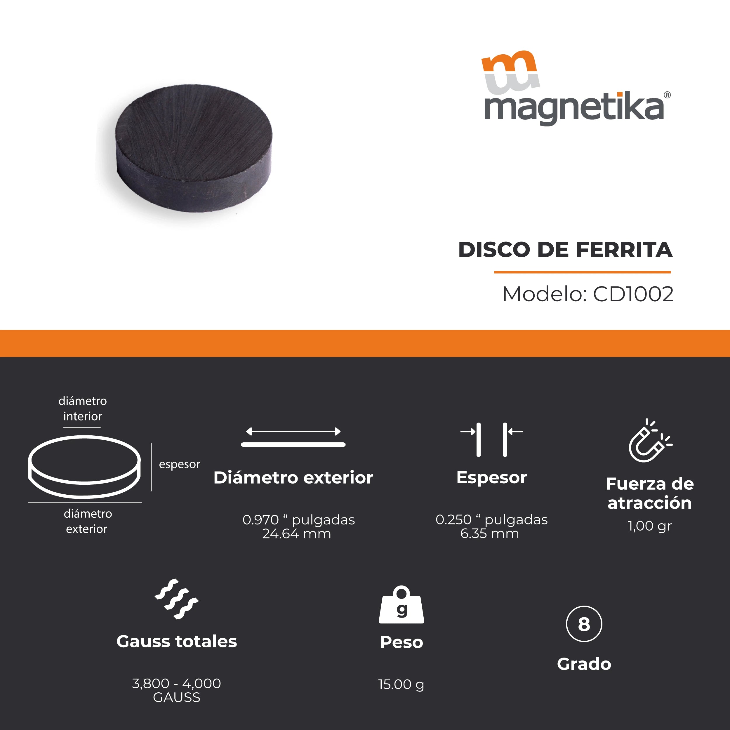 Imán de Ferrita Cerámica Disco 1 x 0.25 in