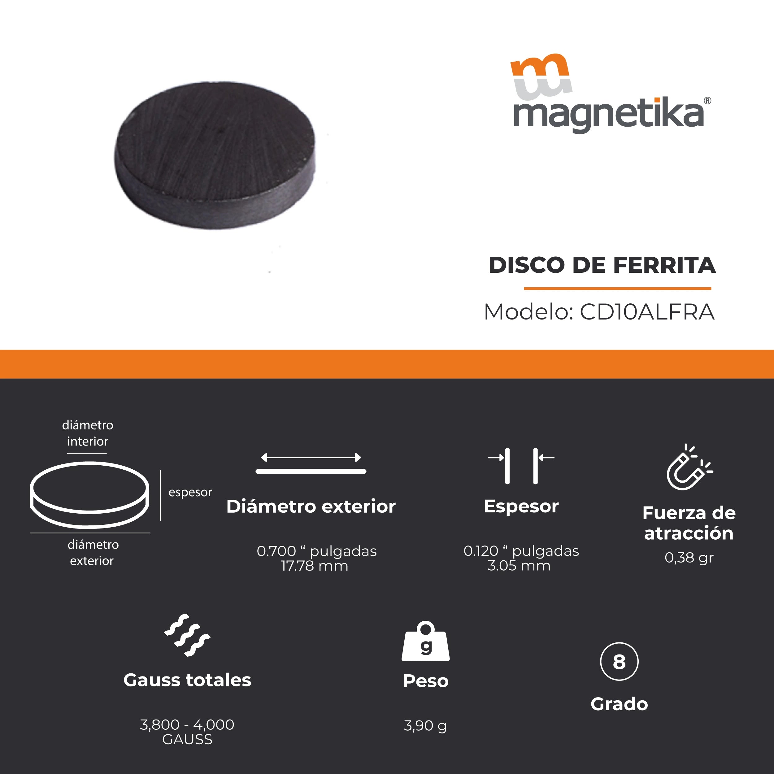 Imán de Ferrita Cerámica Disco 0.701 x 0.125 in