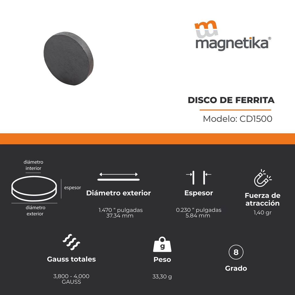 Imán de Ferrita Cerámica Disco 1.47 x 0.23 in
