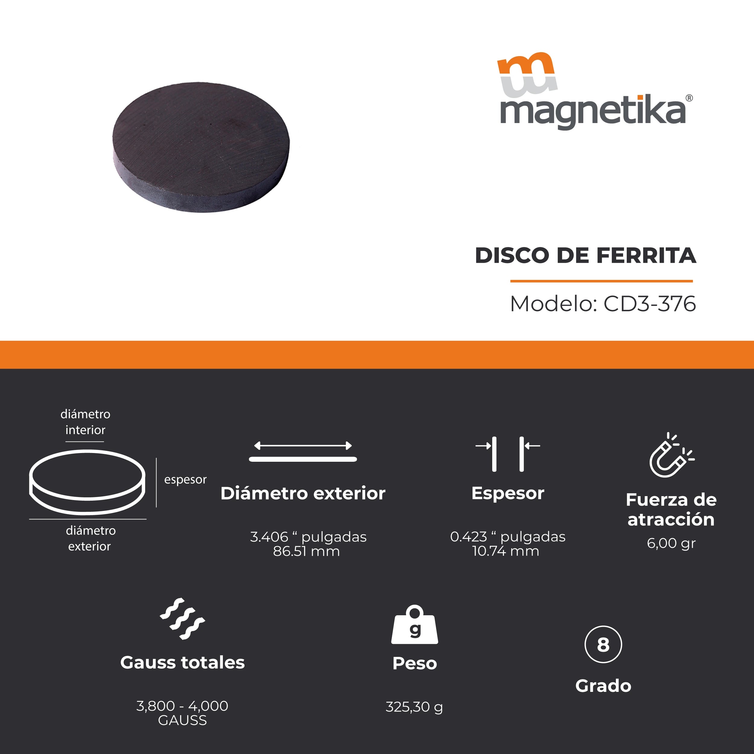 Imán de Ferrita Cerámica Disco 3.406 x 0.423 in