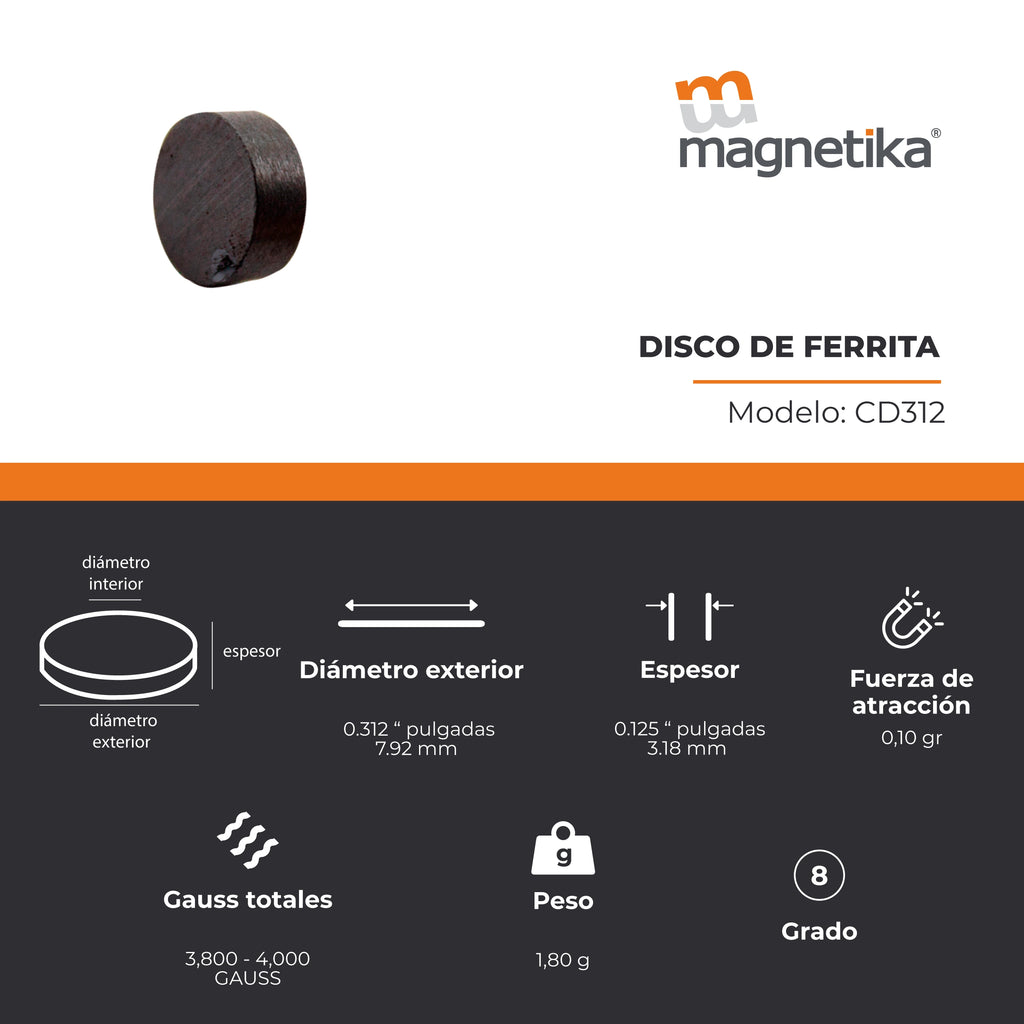 Imán de Ferrita Cerámica Disco 0.312 x 0.125 in
