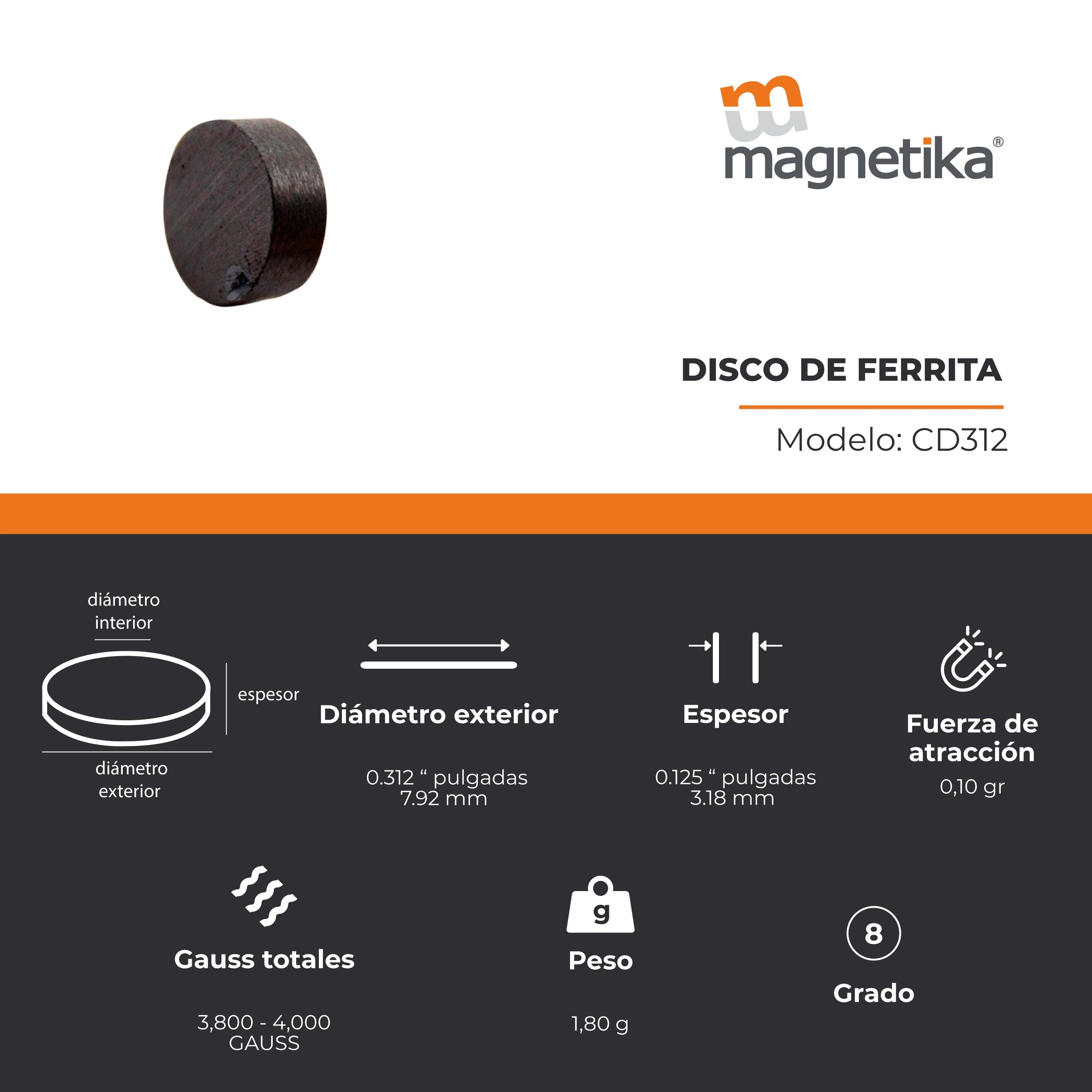 Imán de Ferrita Cerámica Disco 0.312 x 0.125 in