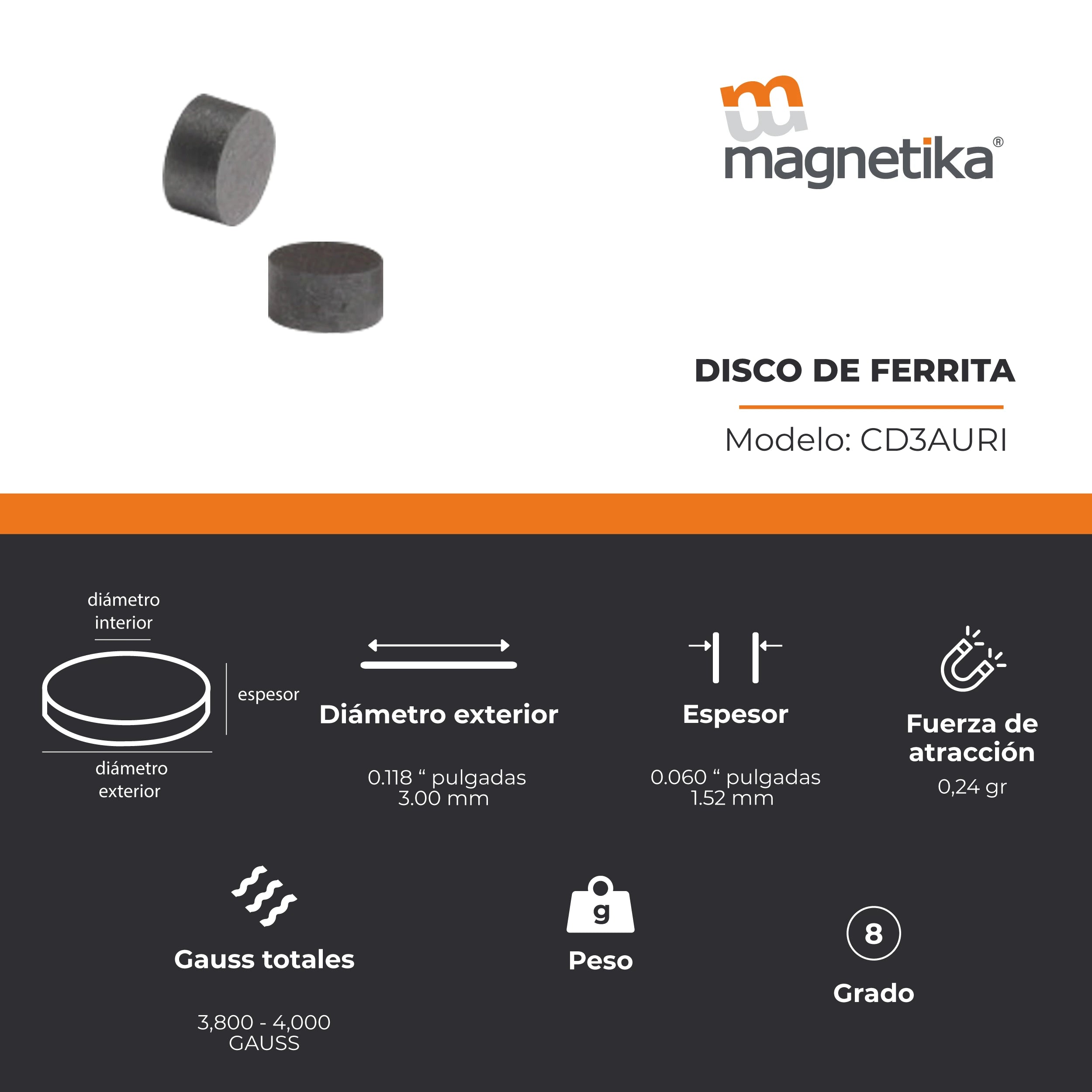 Imán de Ferrita Cerámica Disco 0.118 x 0.06 in