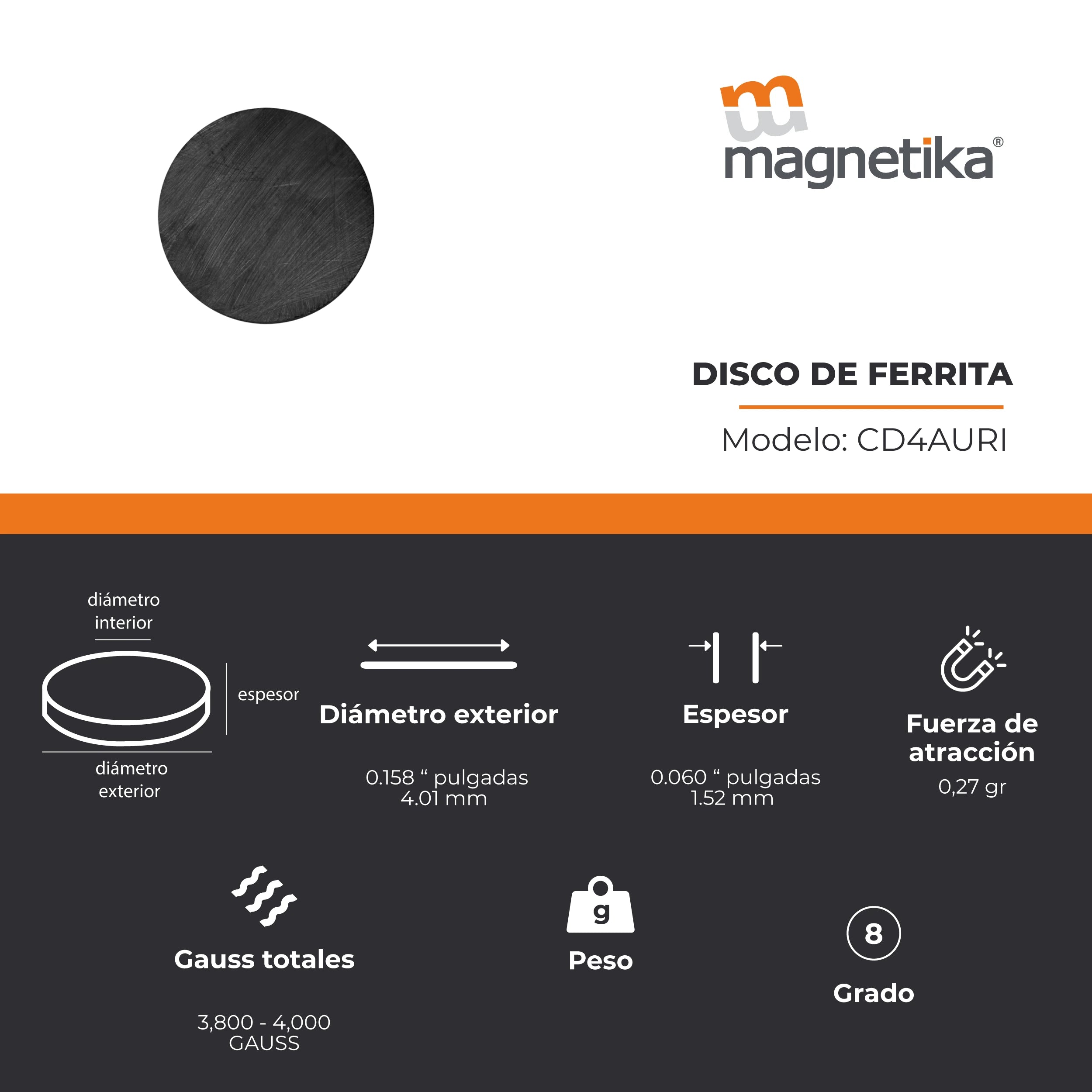 Imán de Ferrita Cerámica Disco 0.158 x 0.06 in