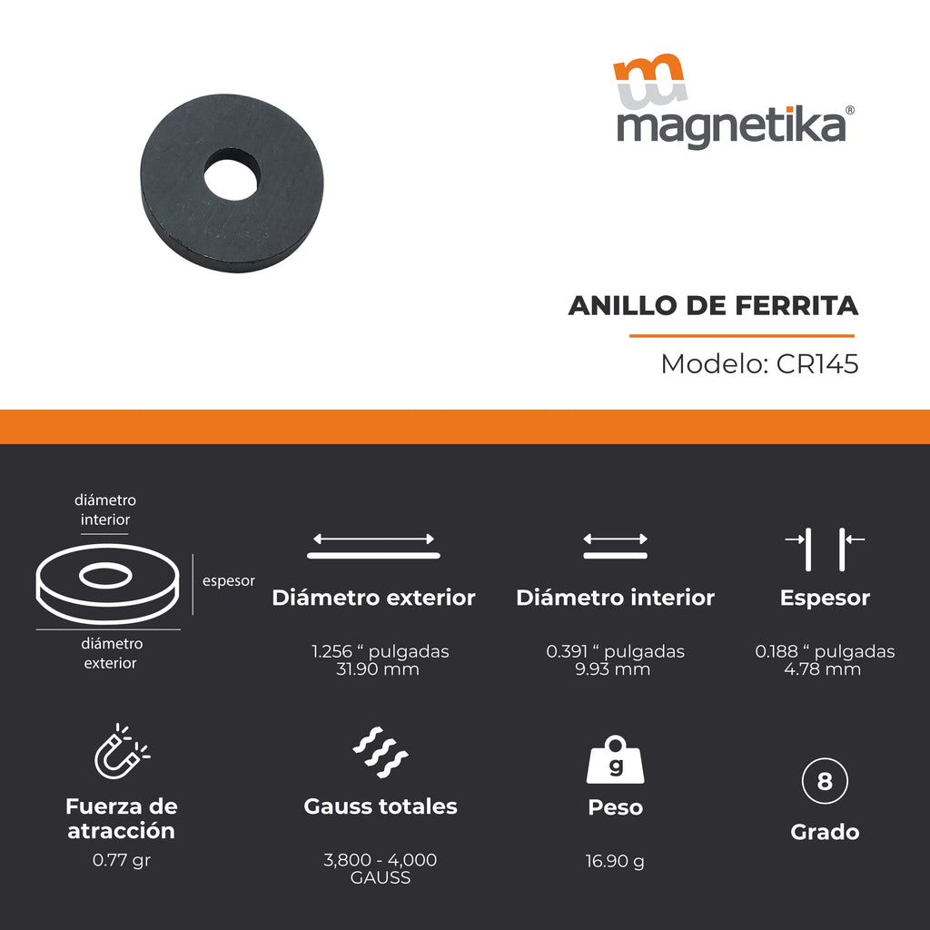 Imán de Ferrita Cerámica Anillo 1.250 x 0.375 x 0.187 in