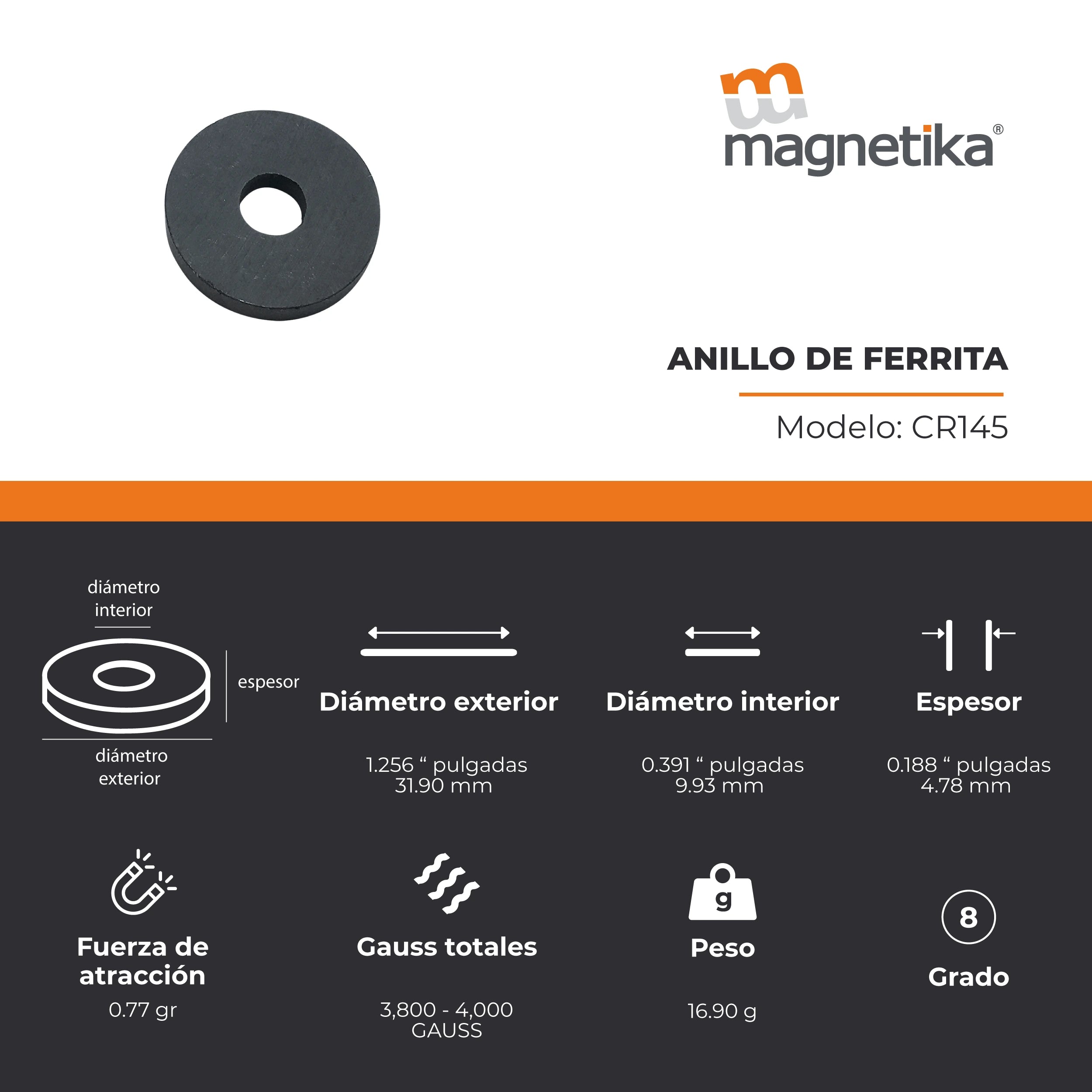 Imán de Ferrita Cerámica Anillo 1.250 x 0.375 x 0.187 in
