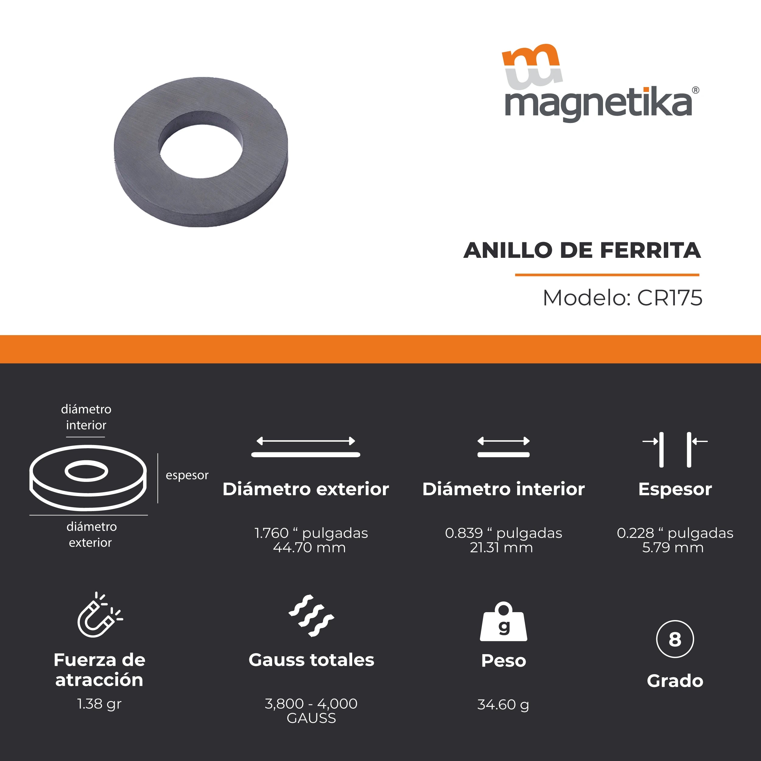 Imán de Ferrita Cerámica Anillo 1.750 x 0.875 x 0.225 in