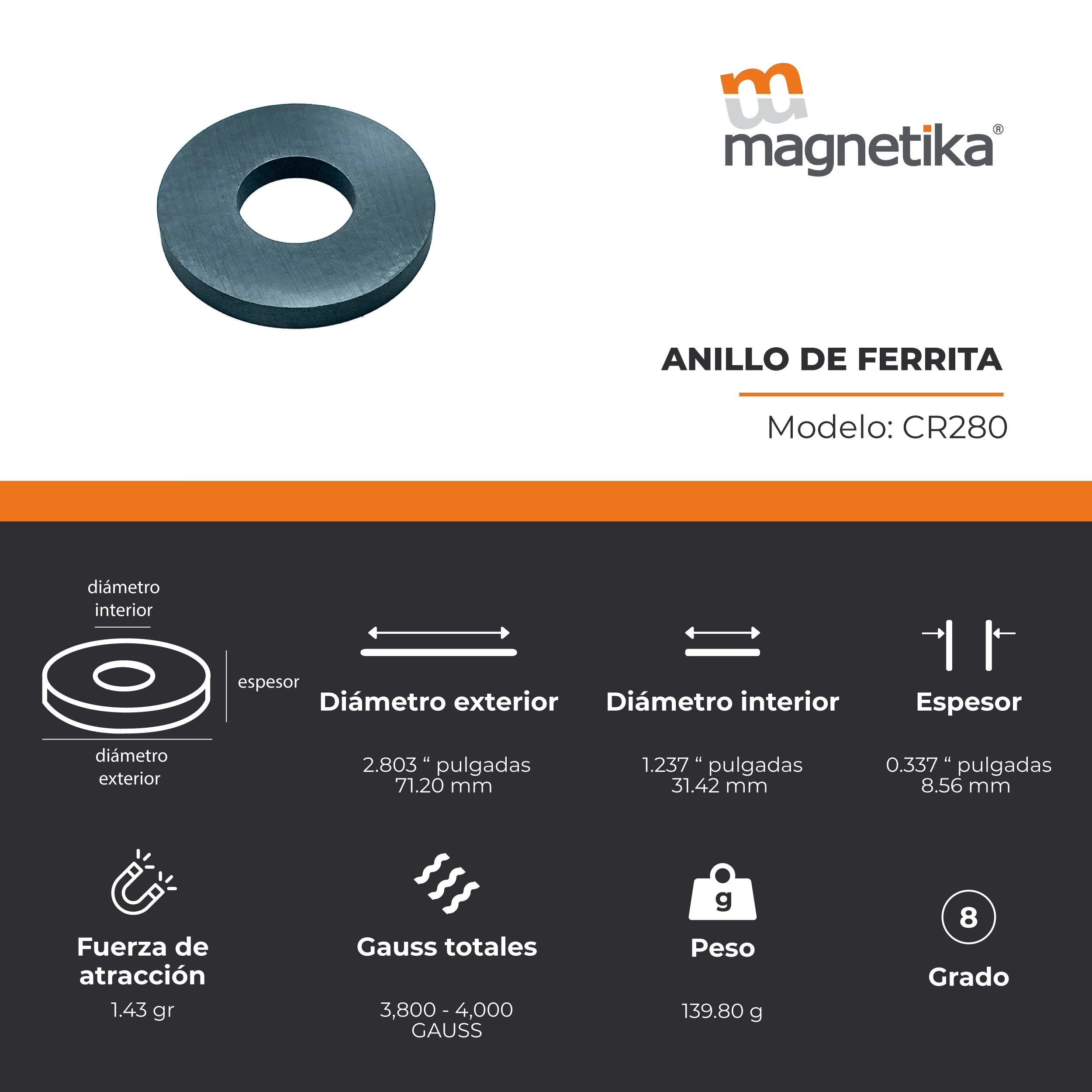 Imán de Ferrita Cerámica Anillo 2.800 x 1.203 x 0.330 in