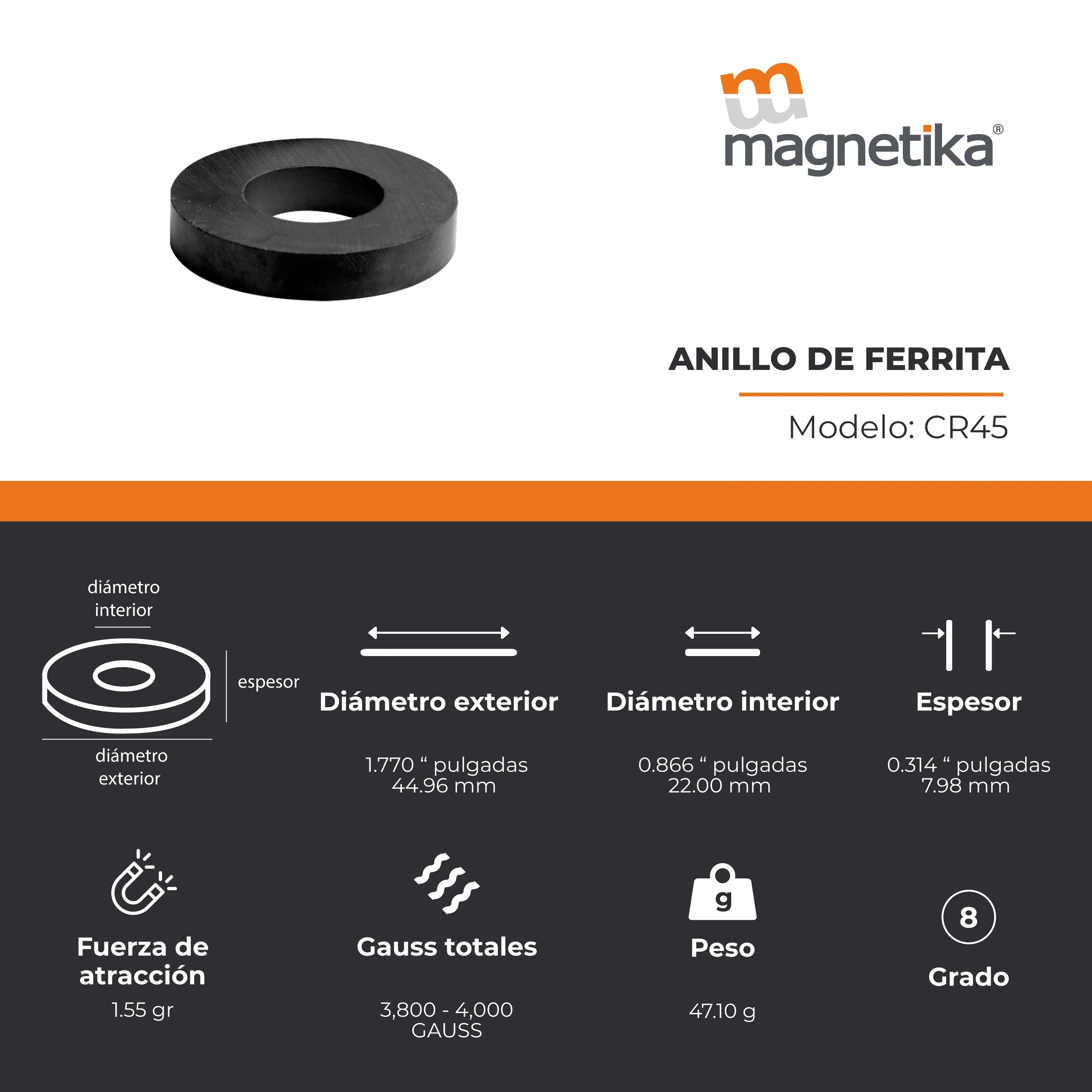 Imán de Ferrita Cerámica Anillo 1.770 x 0.866 x 0.314 in