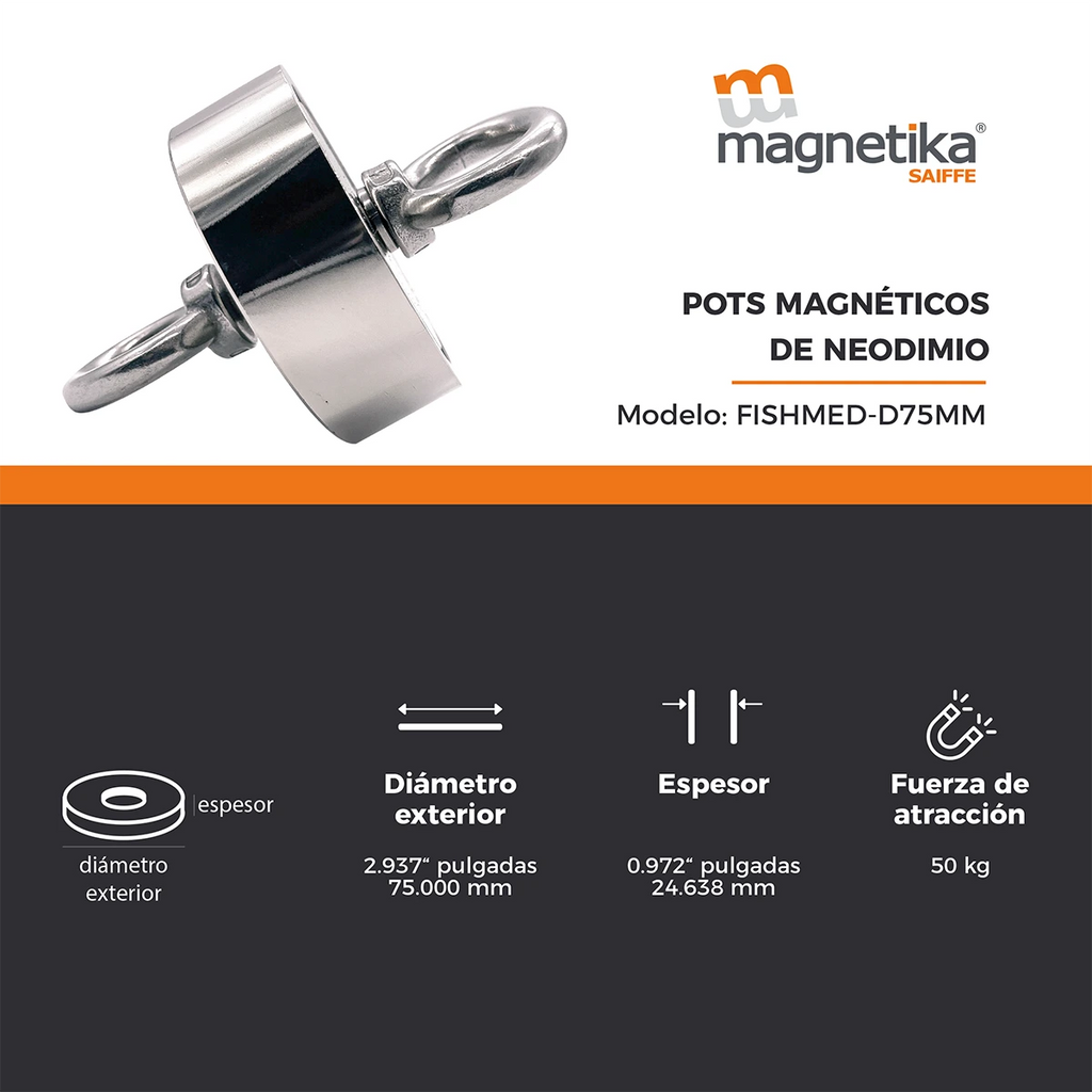Imán para Pesca Búsqueda Neodimio con Argolla 75 mm