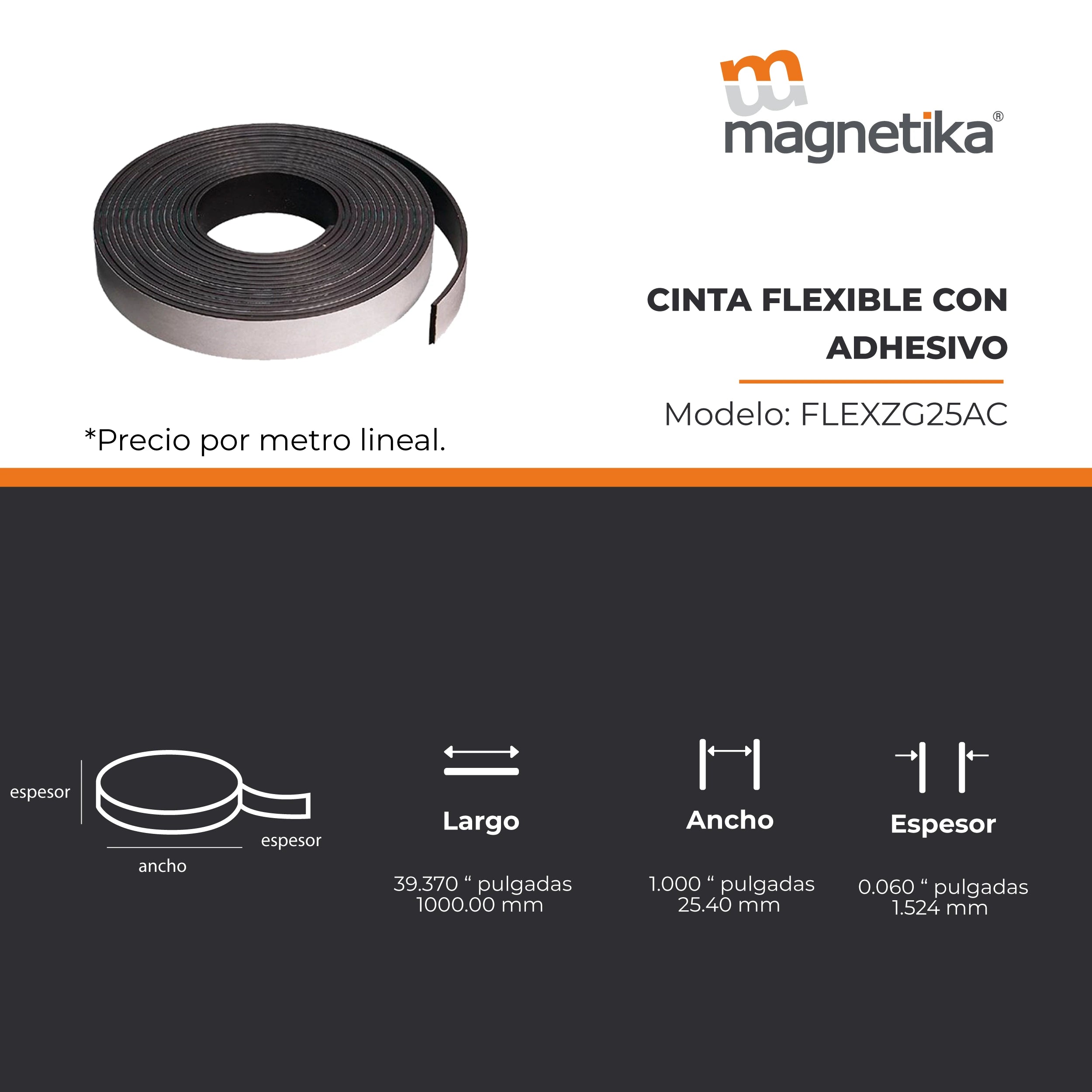 Cinta Magnética Adhesiva 25.4mm x 1.52mm (1 metro)