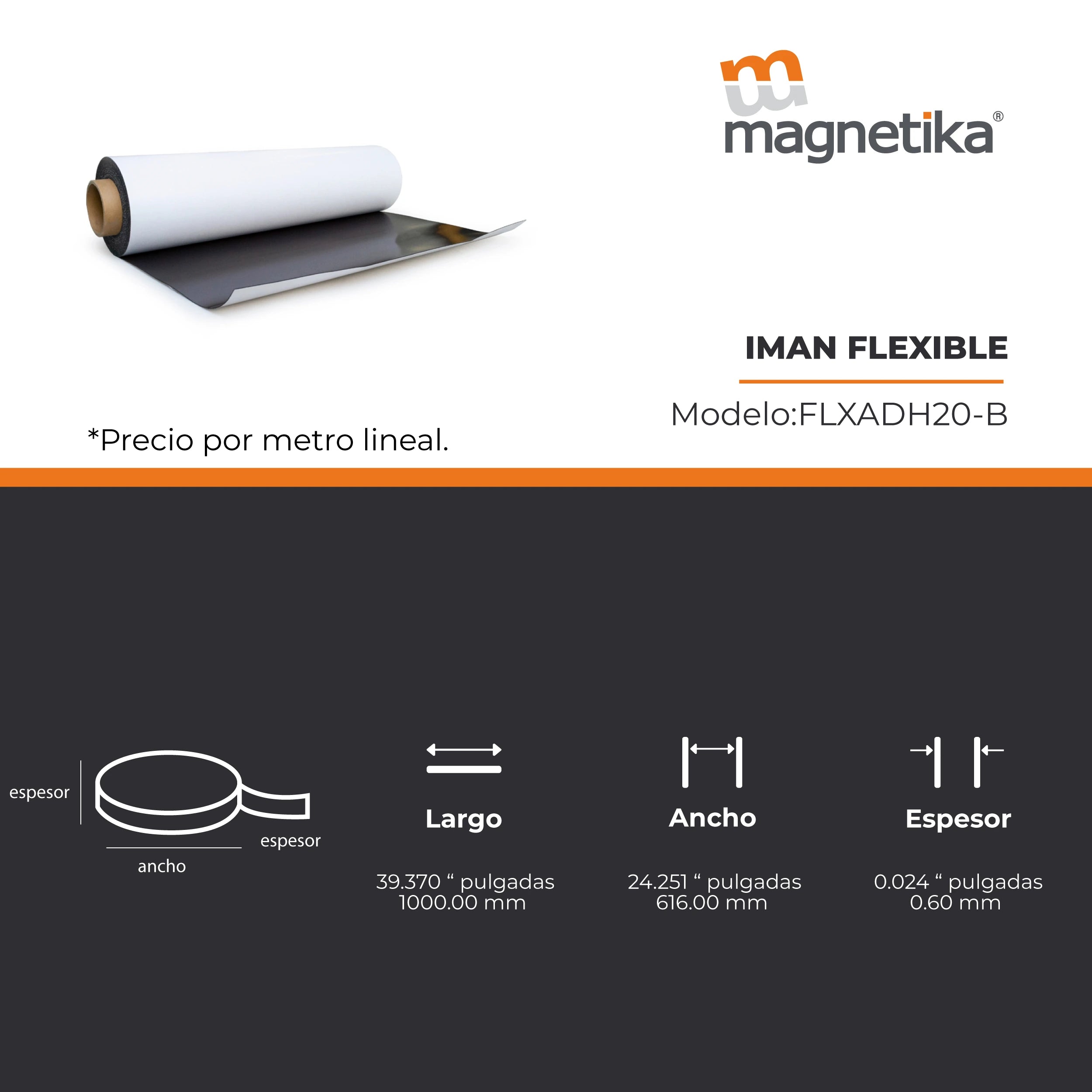 Imán Flexible Adhesivo Cal. 20 -  615mm x 0.5mm (1 metro)