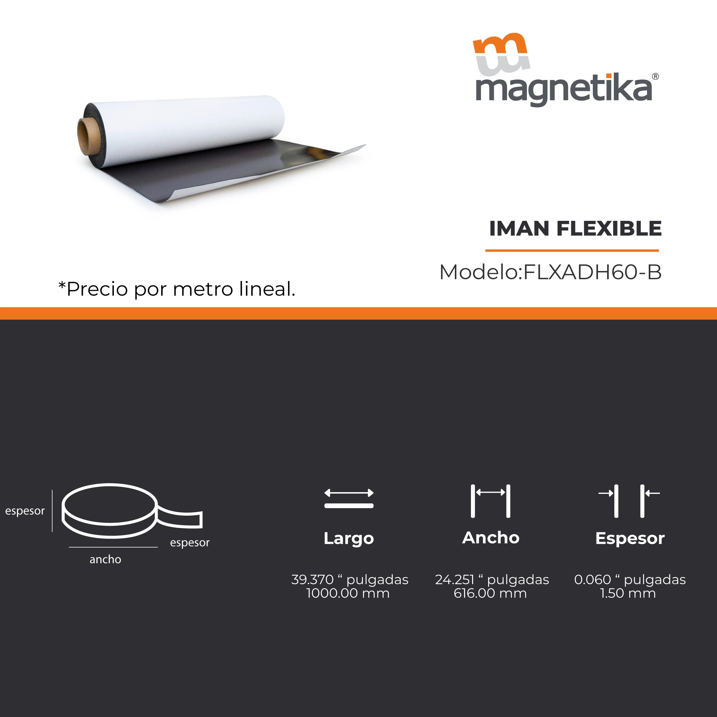Imán Flexible Adhesivo Cal. 60 - 615mm x 1.5mm (1 metro)