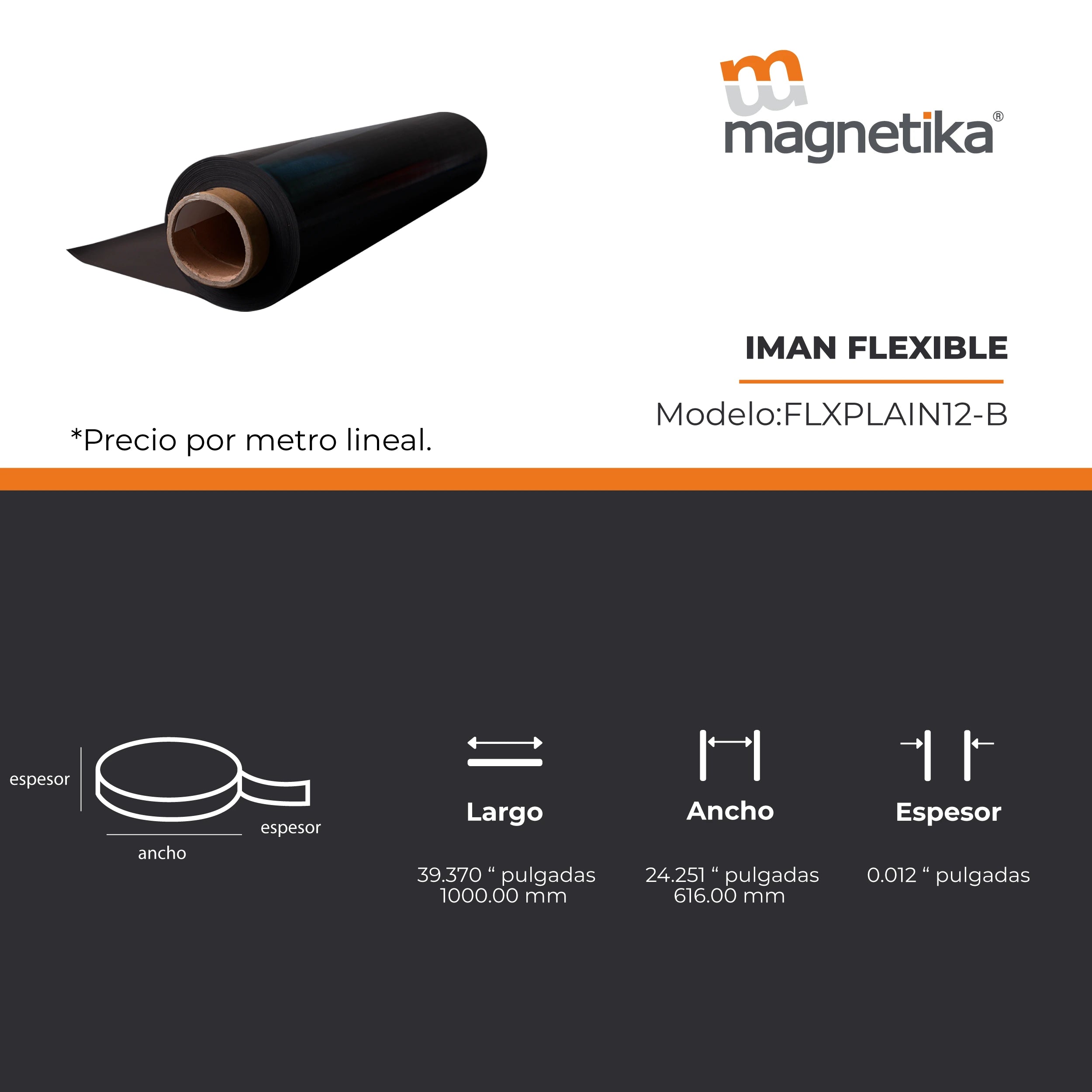 Imán Flexible Plano Cal. 12 - 615mm x 0.3mm (1 metro)