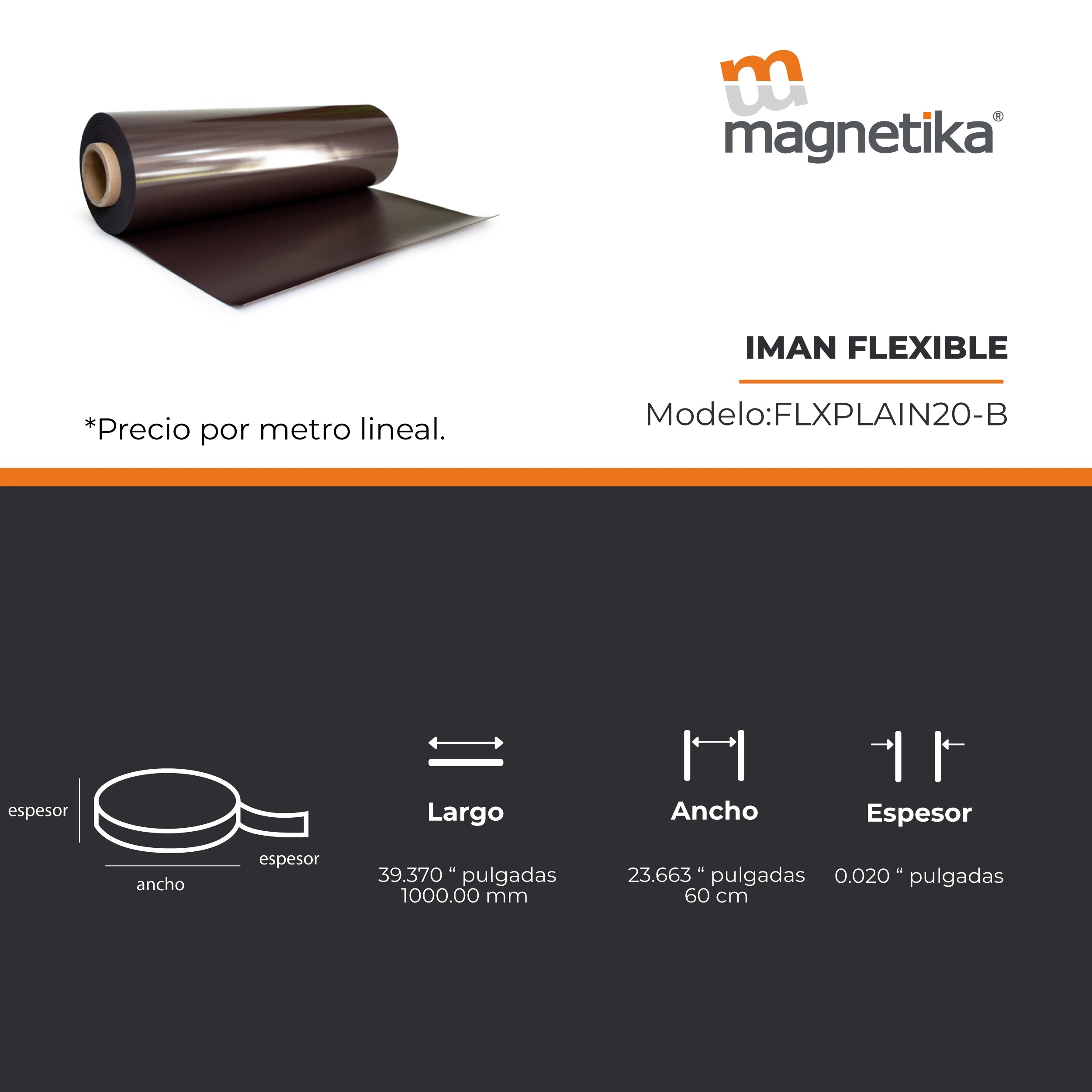 Imán Flexible Plano Cal. 20 - 615mm x 0.5mm (1 metro)