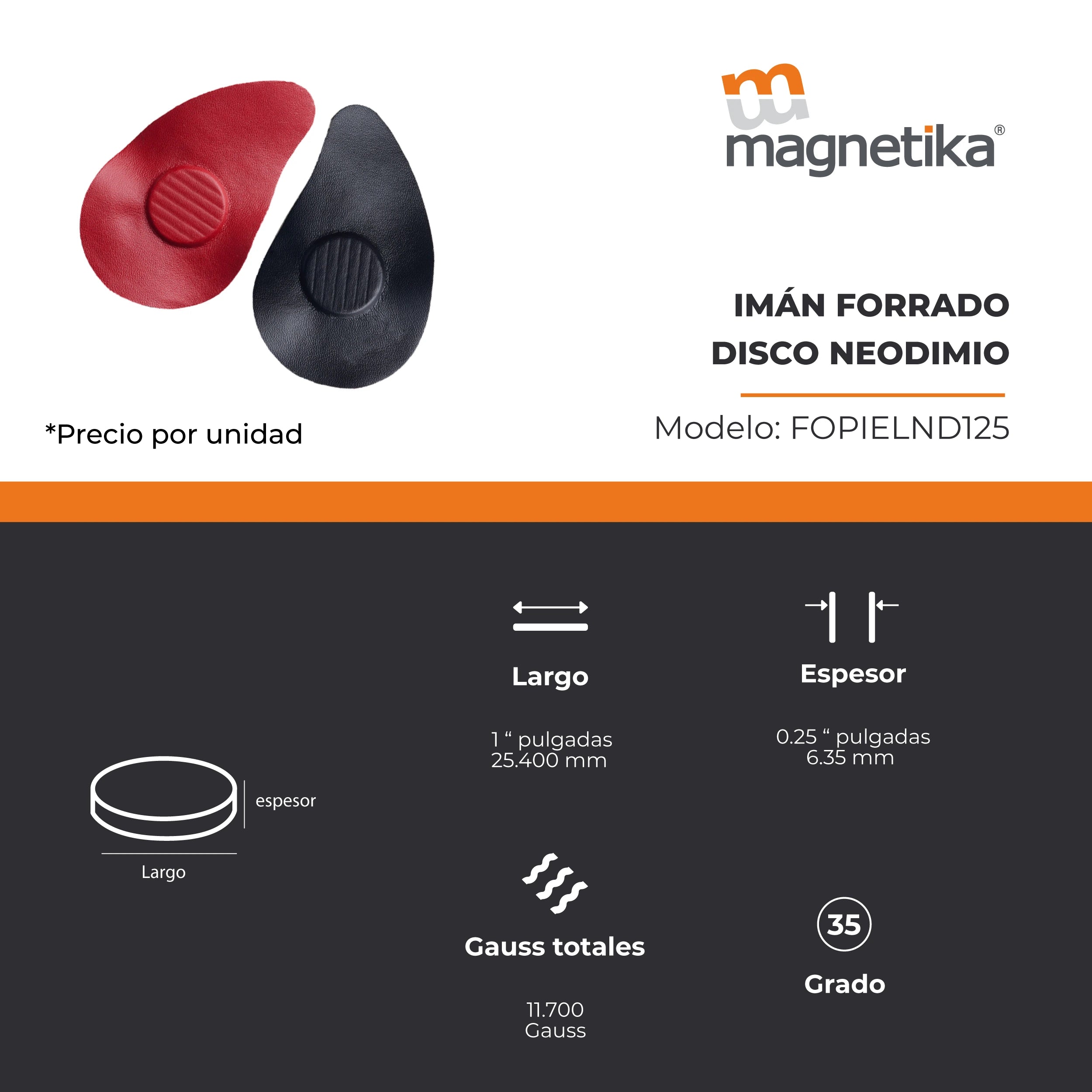 Imán Neodimio Disco forrado 1.000 x 0.250 in