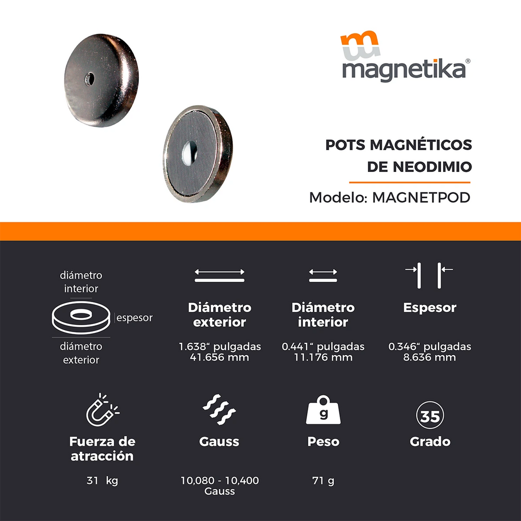Pod Magnético con Imán de Neodimio 42mm x 9mm