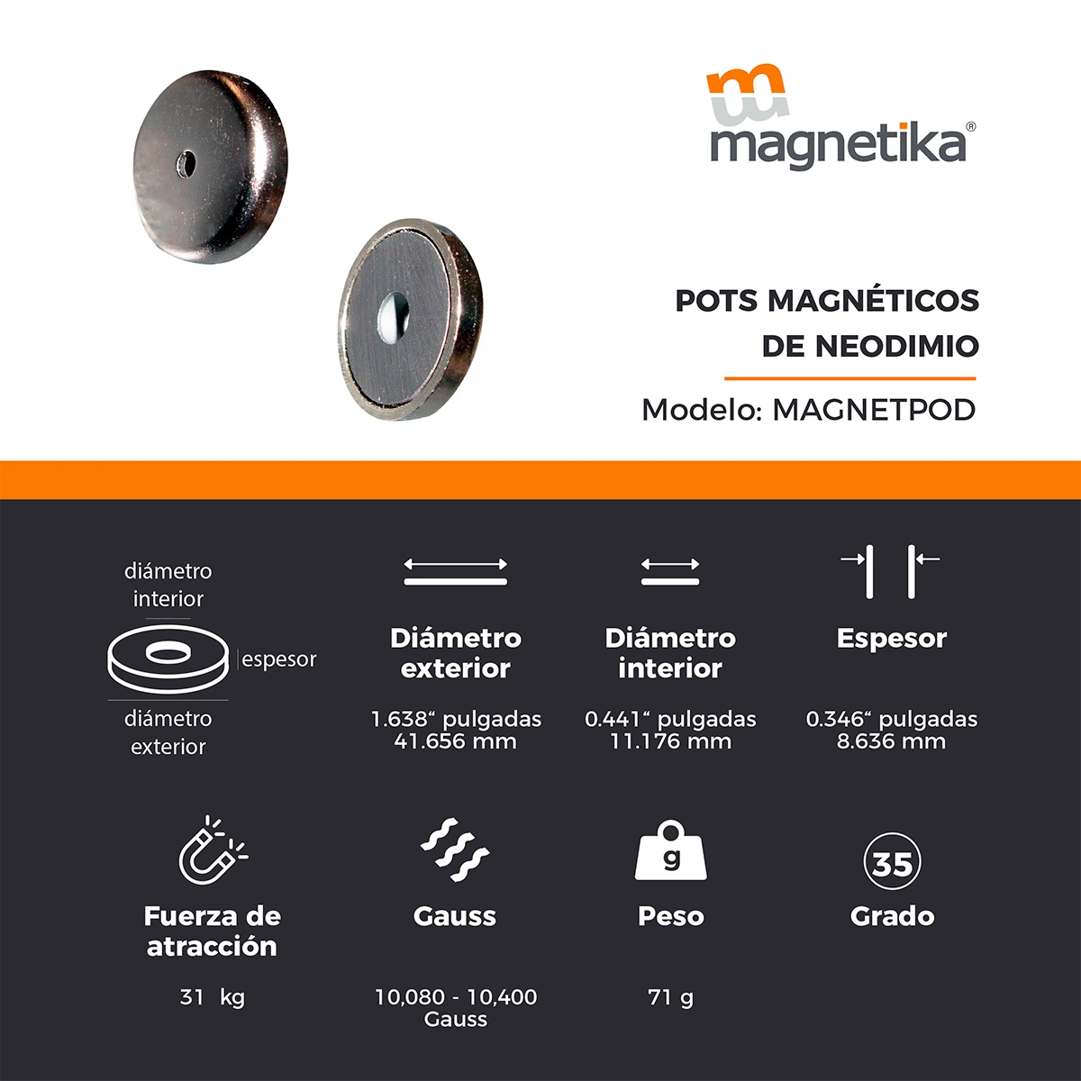 Pod Magnético con Imán de Neodimio 42mm x 9mm