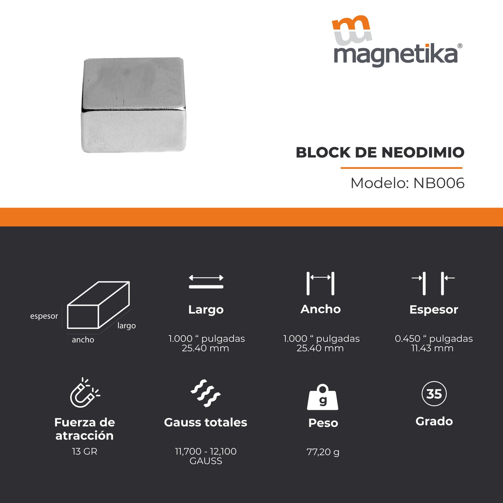 Imán de Neodimio Block 1 x 1 x 0.5 in