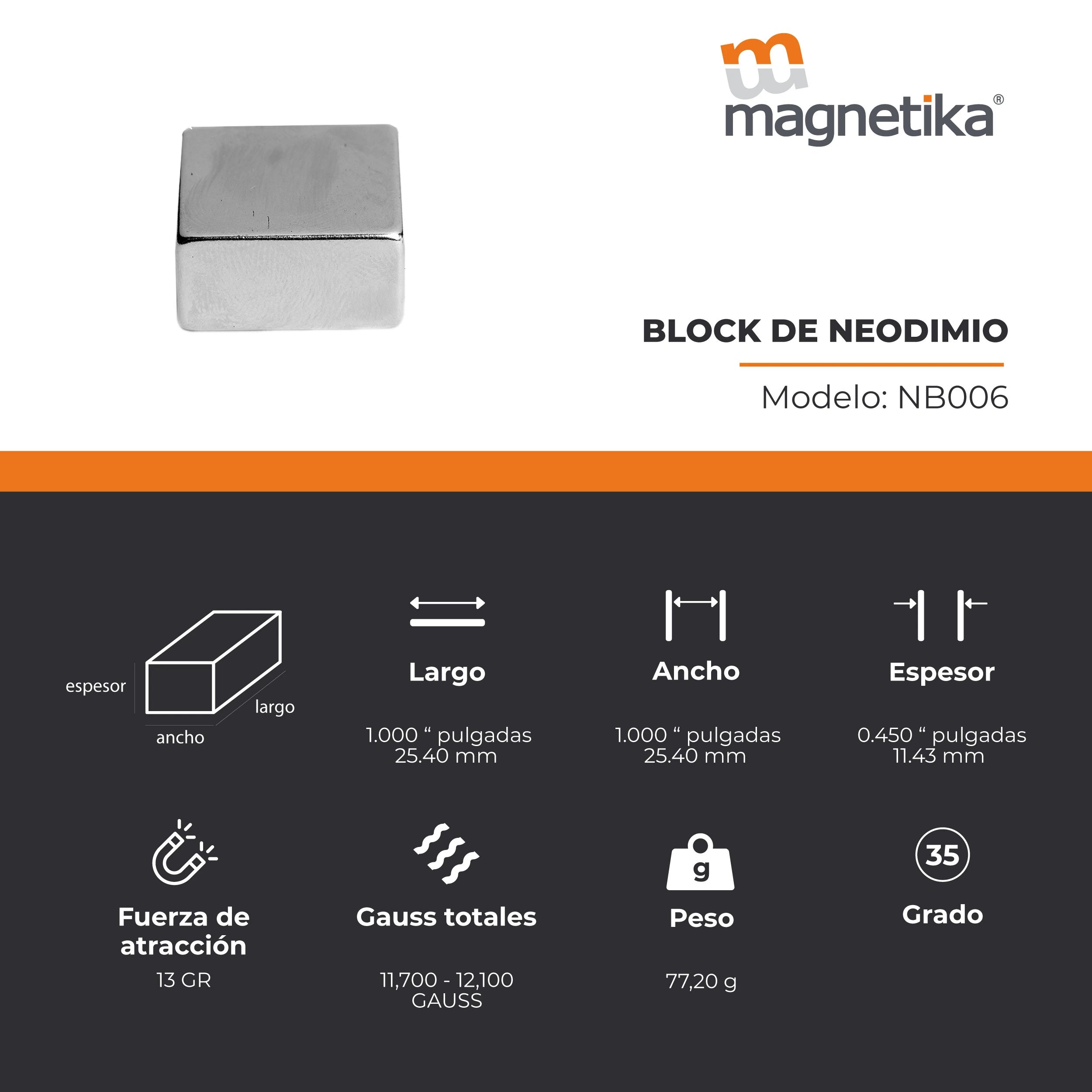 Imán de Neodimio Block 1 x 1 x 0.5 in