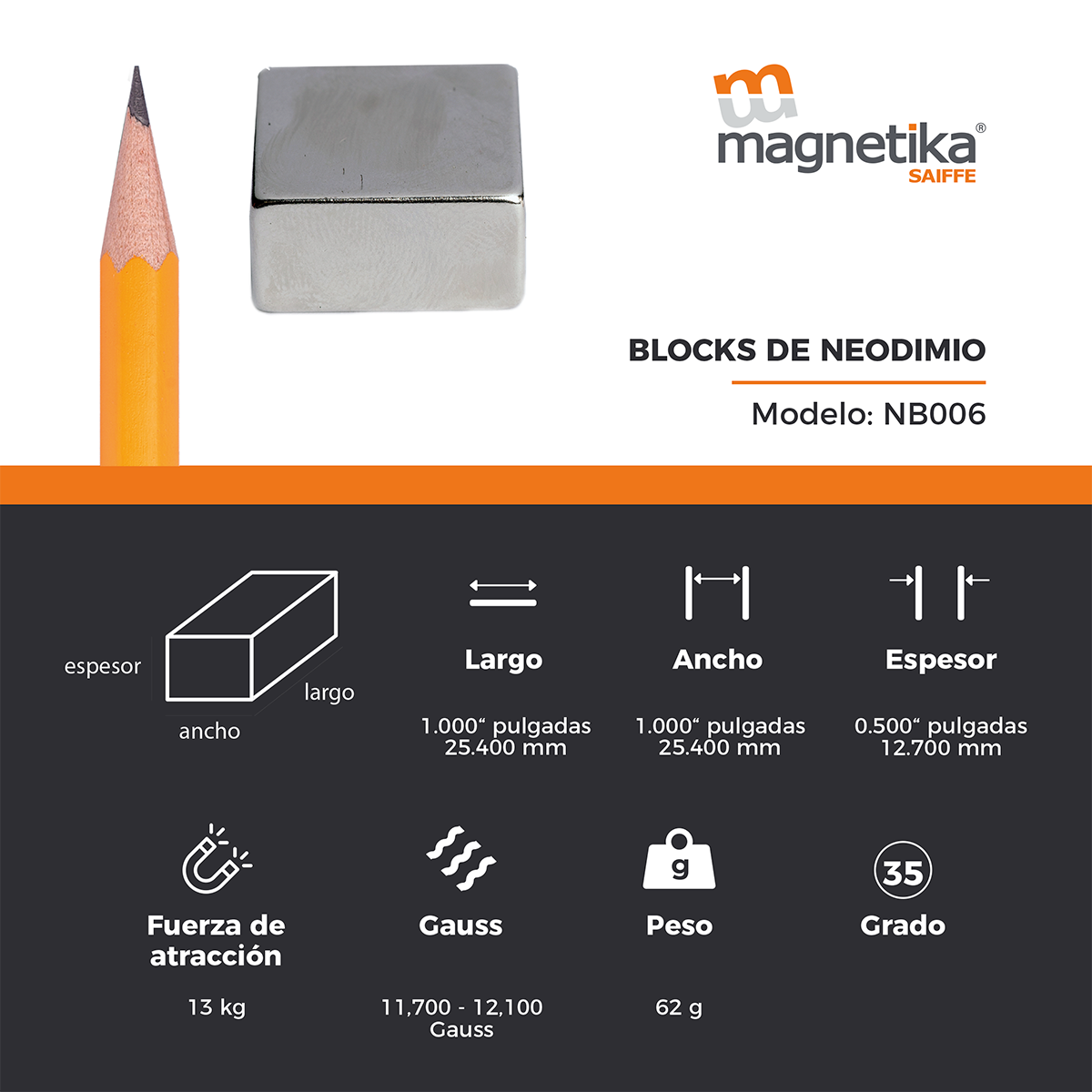 Iman De Neodimio Block 1" X 1" X 0.5"