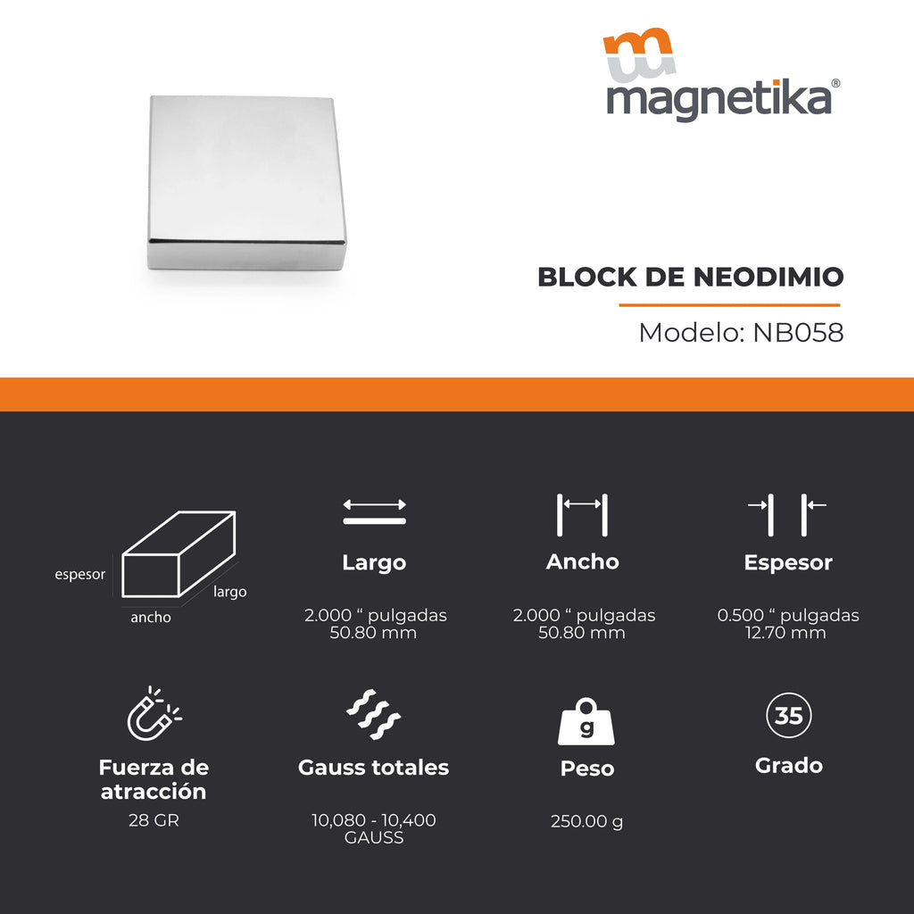 Imán de Neodimio Block 2 x 2 x 0.5 in