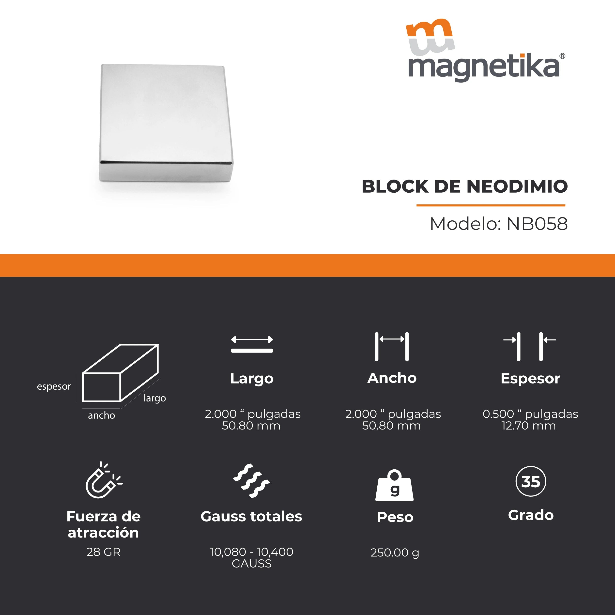 Imán de Neodimio Block 2 x 2 x 0.5 in