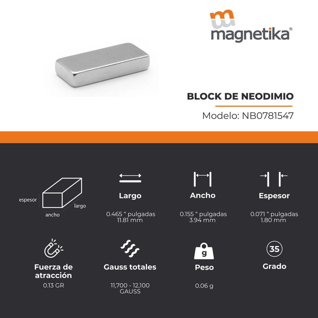 Imán de Neodimio Block 0.467 x 0.153 x 0.074 in