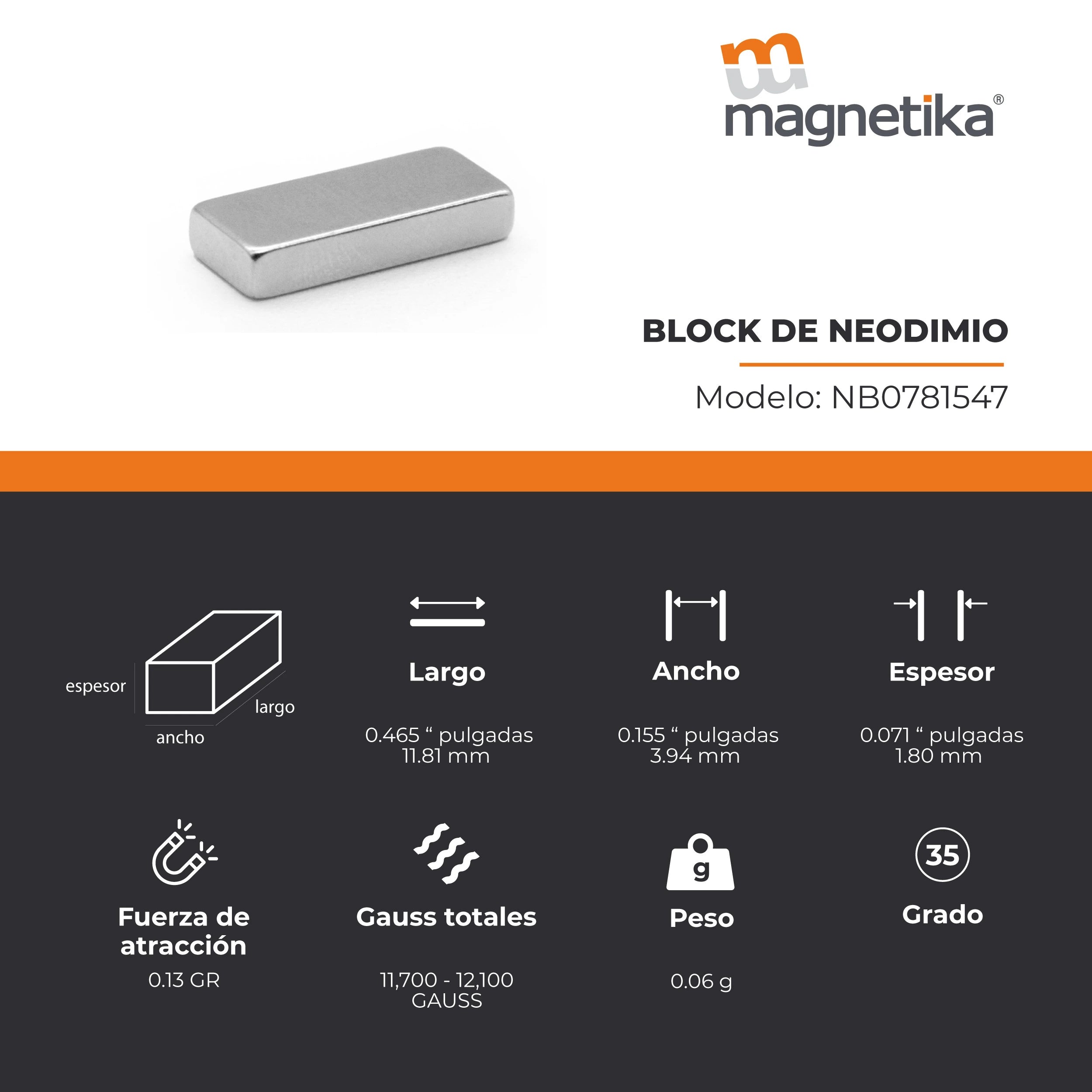 Imán de Neodimio Block 0.467 x 0.153 x 0.074 in