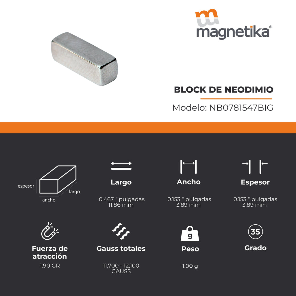 Imán de Neodimio Block 0.467 x 0.153 x 0.153 in