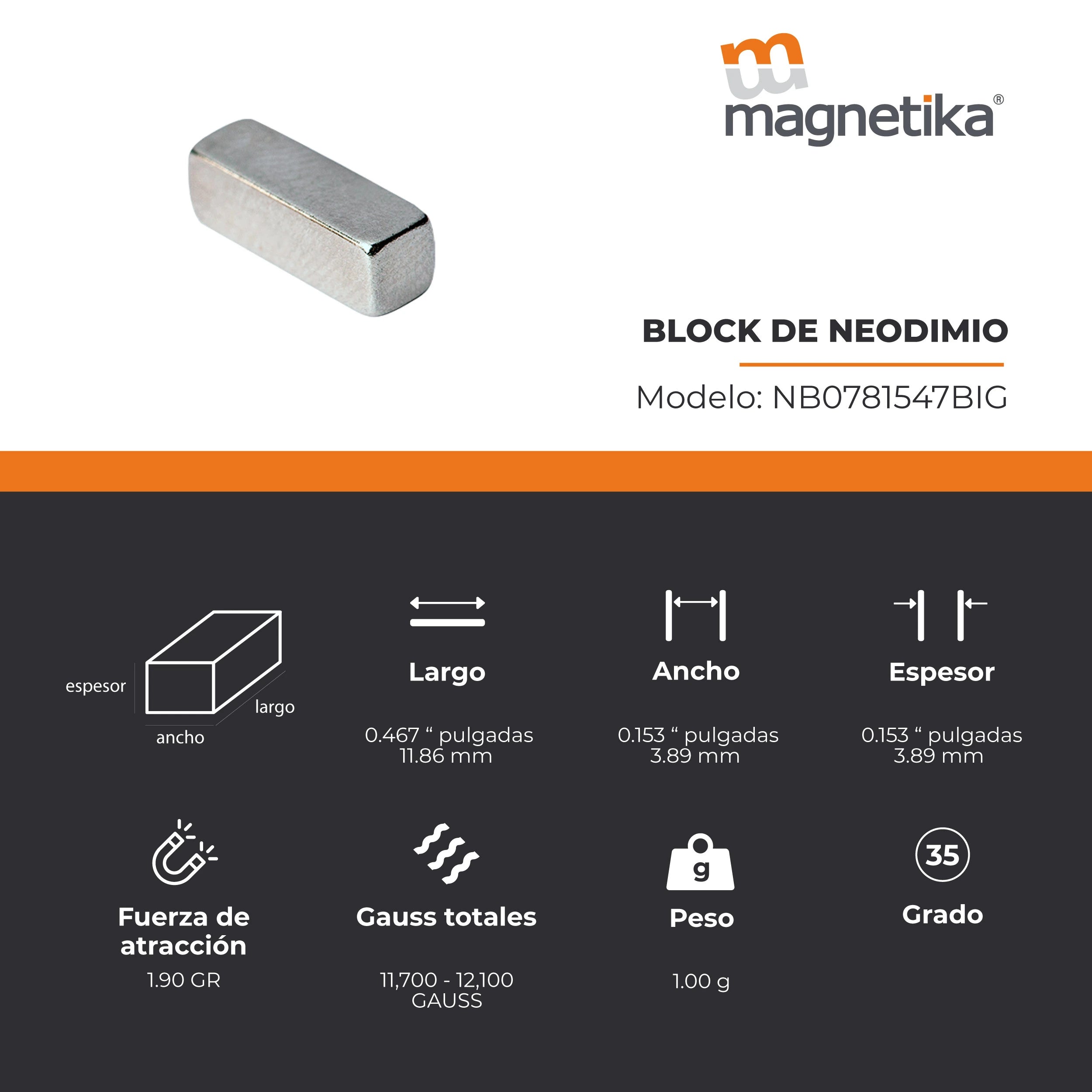 Imán de Neodimio Block 0.467 x 0.153 x 0.153 in
