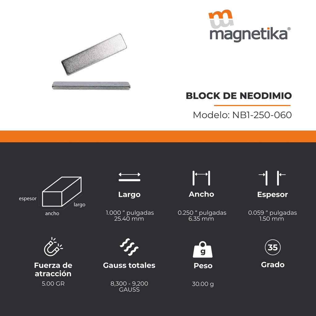 Imán de Neodimio Block 1 x 0.25 x 0.06 in