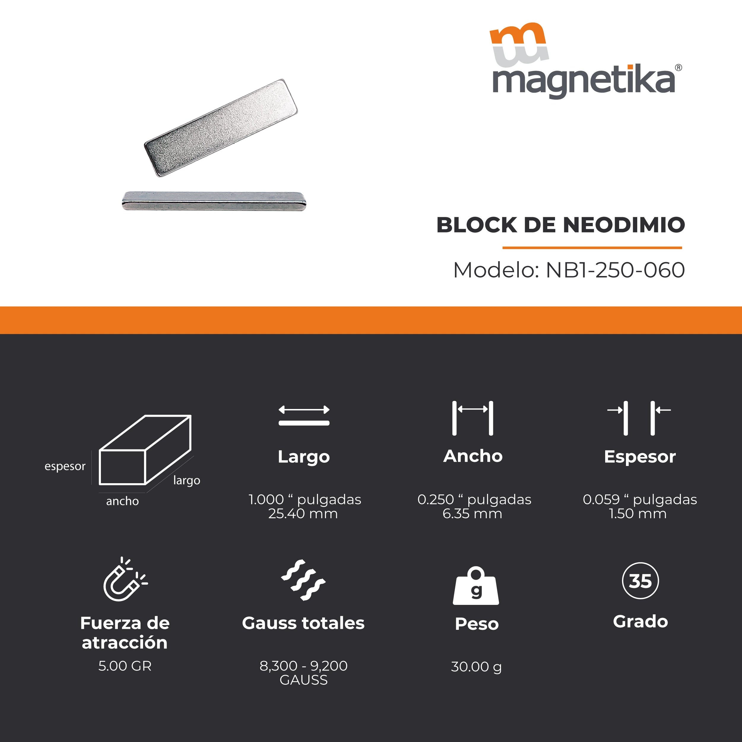 Imán de Neodimio Block 1 x 0.25 x 0.06 in