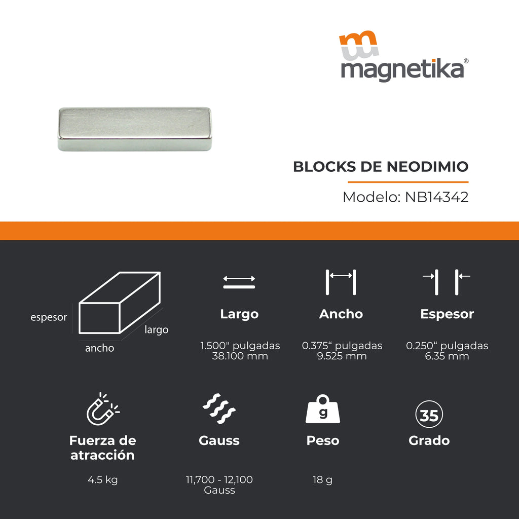 Imán de Neodimio Block 1.5 x 0.375 x 0.25 in