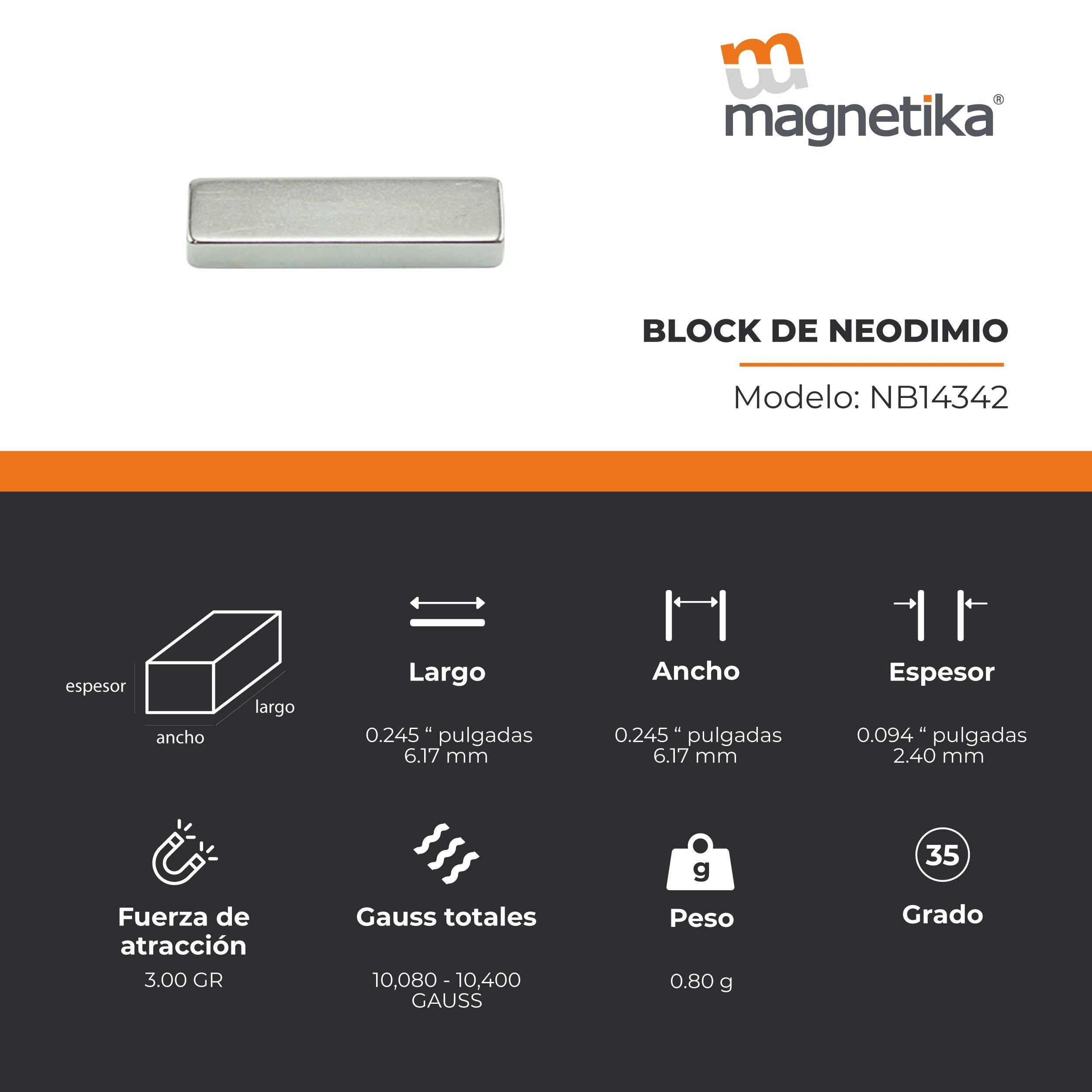 Imán de Neodimio Block 1.5 x 0.375 x 0.25 in