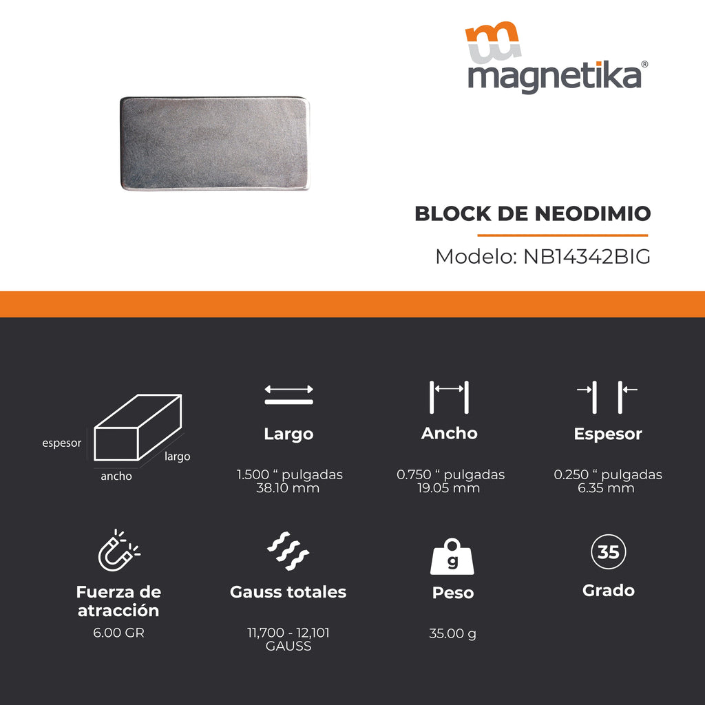 Imán de Neodimio Block 1.5 x 0.75 x 0.25 in