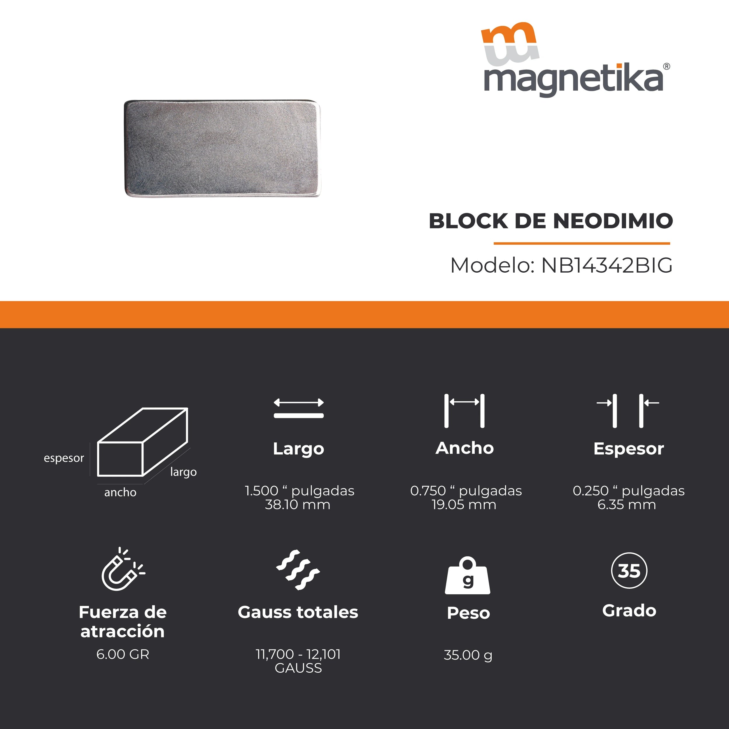 Imán de Neodimio Block 1.5 x 0.75 x 0.25 in